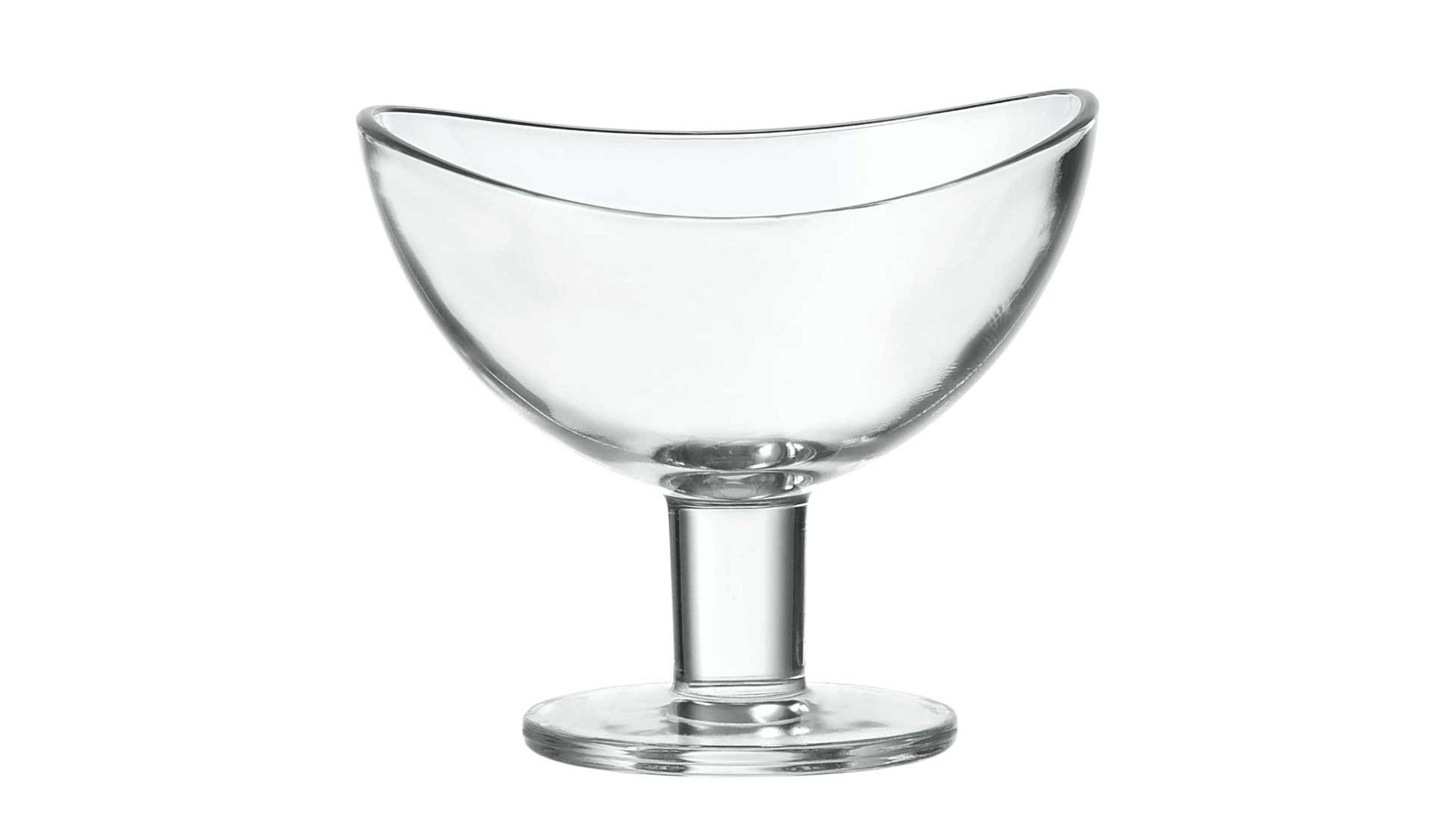 Klare Glasschale mit halbrunder Form und kurzem Stiel auf rundem Fuß