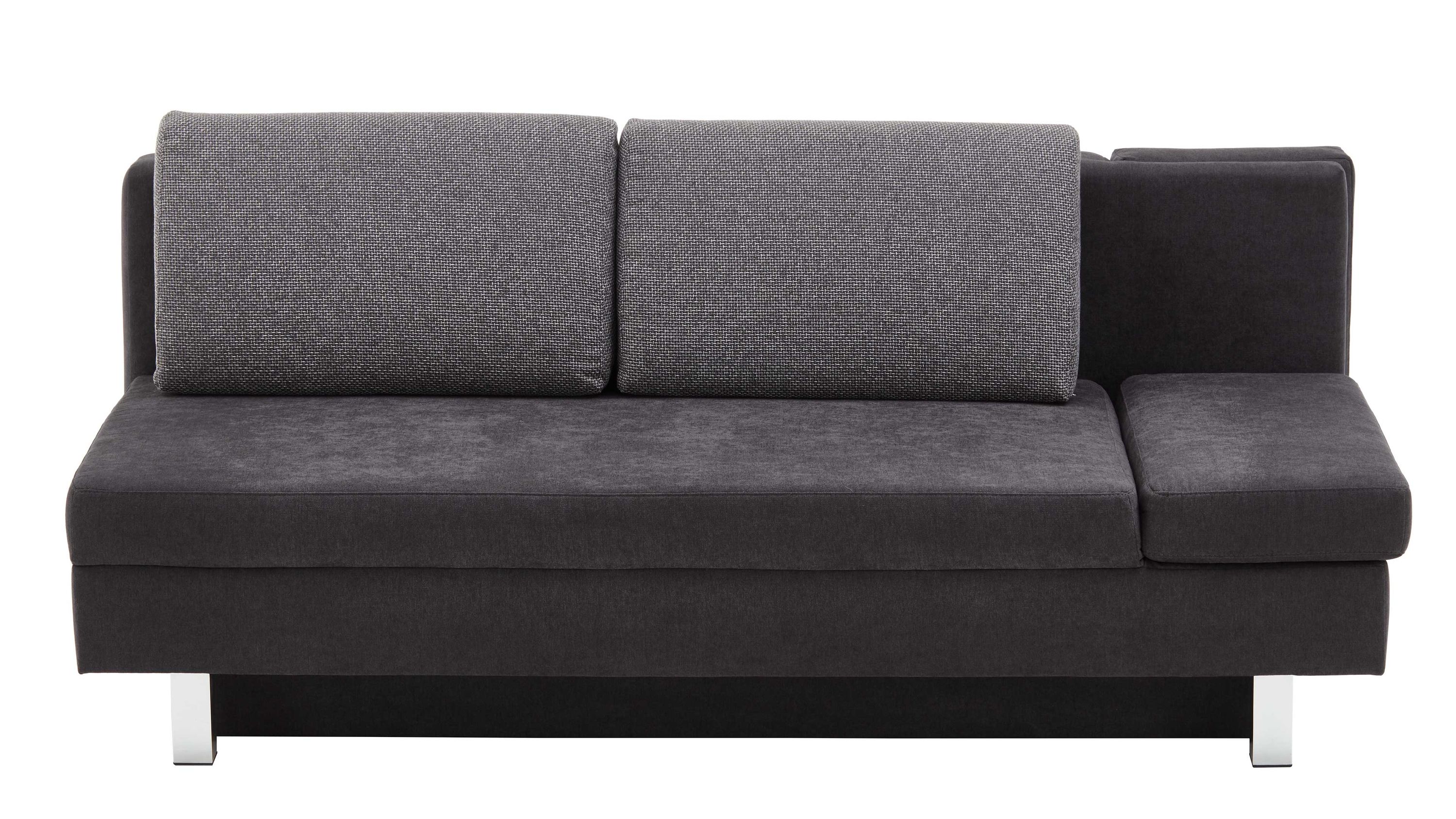 Schwarzes Schlafsofa mit zwei grauen Rückenpolstern und chromfarbenen Metallfüßen