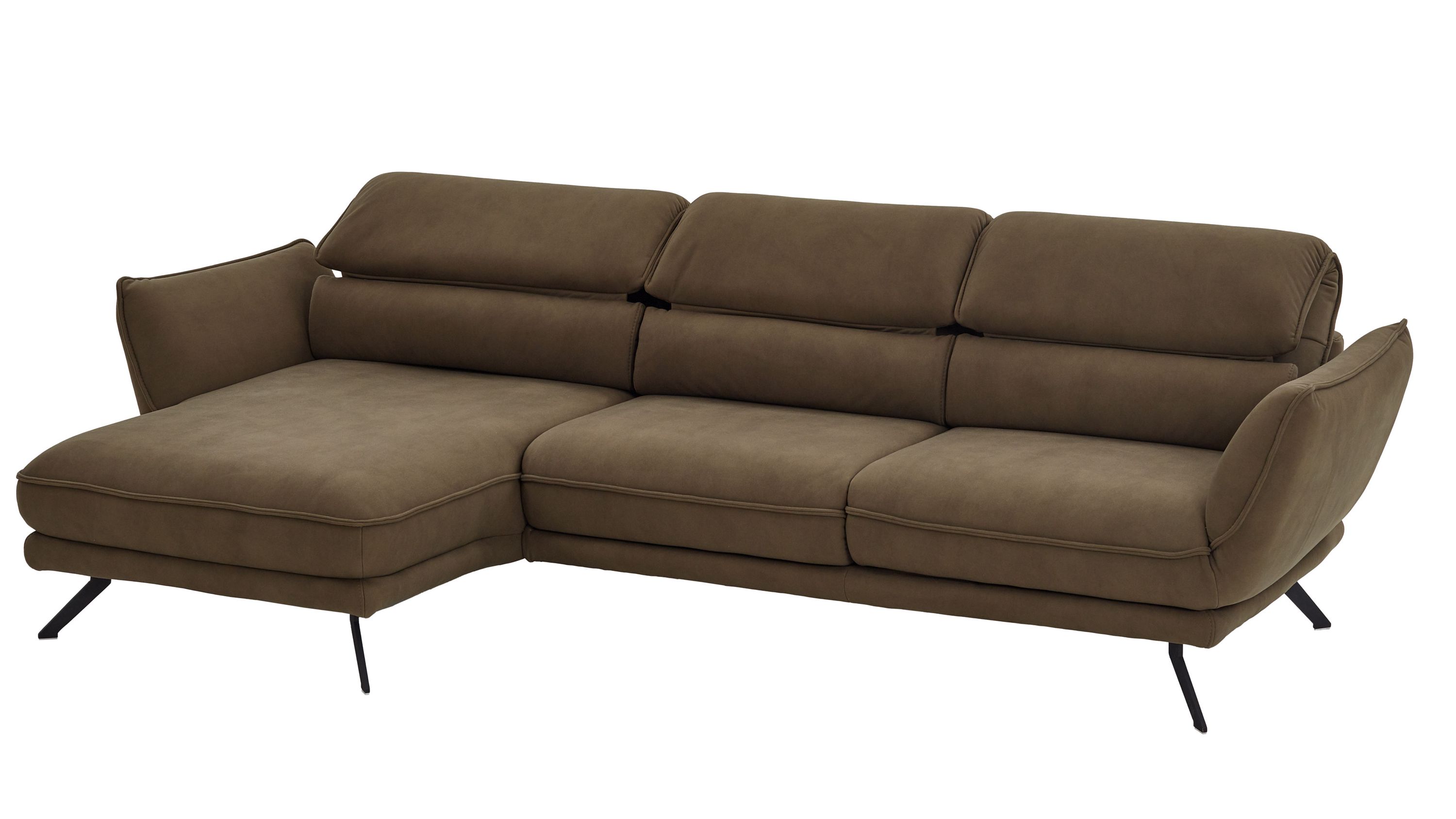 Ecksofa mit dunkelgrünem Bezug und schwarzen Metallfüßen