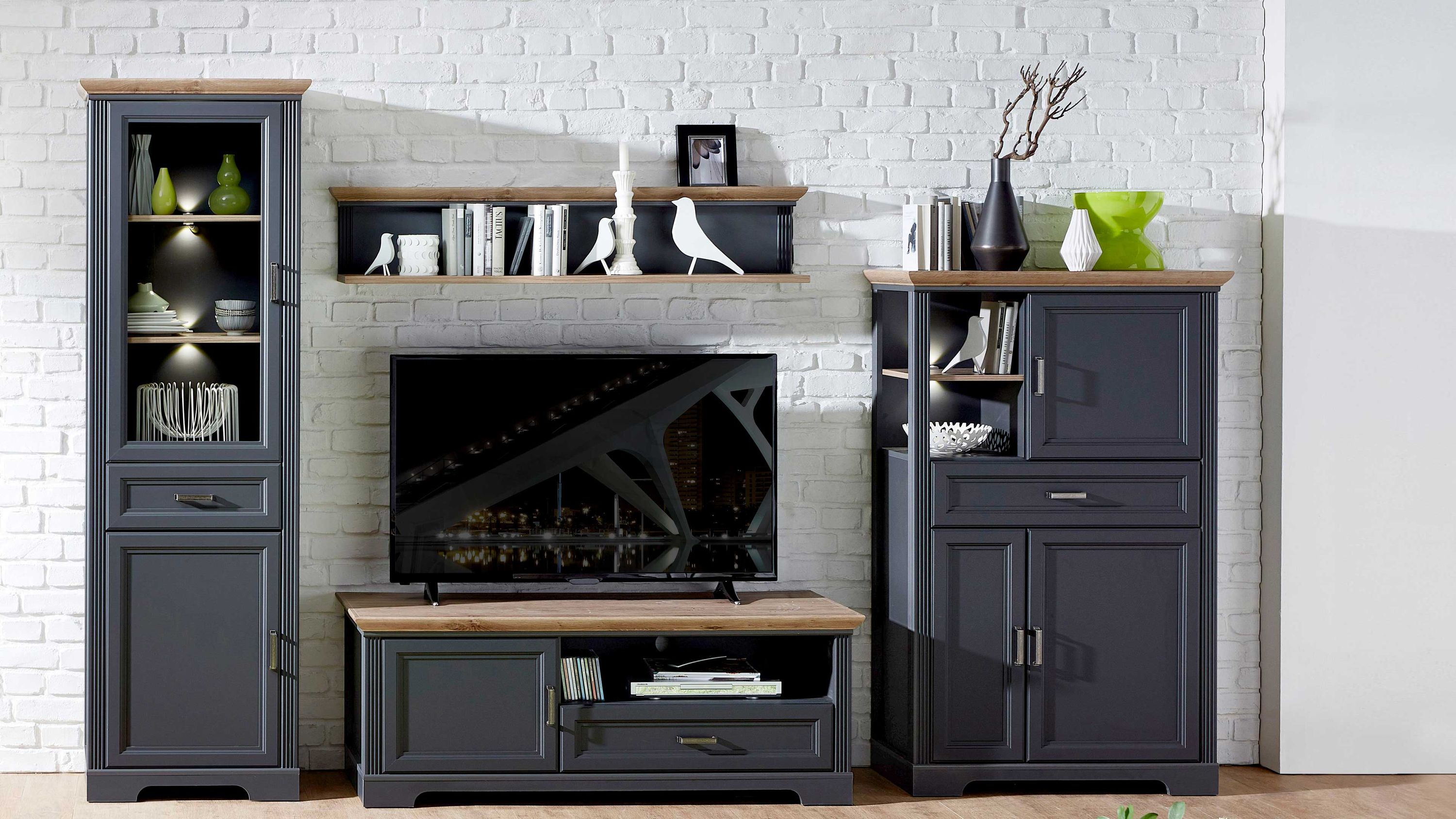 Vierteilige Wohnwand in Grau und Holzfarben Vierteilige Wohnwand mit Schrank Regal TV-Board und Hängeregal in dunklem Grau und Holzfarben