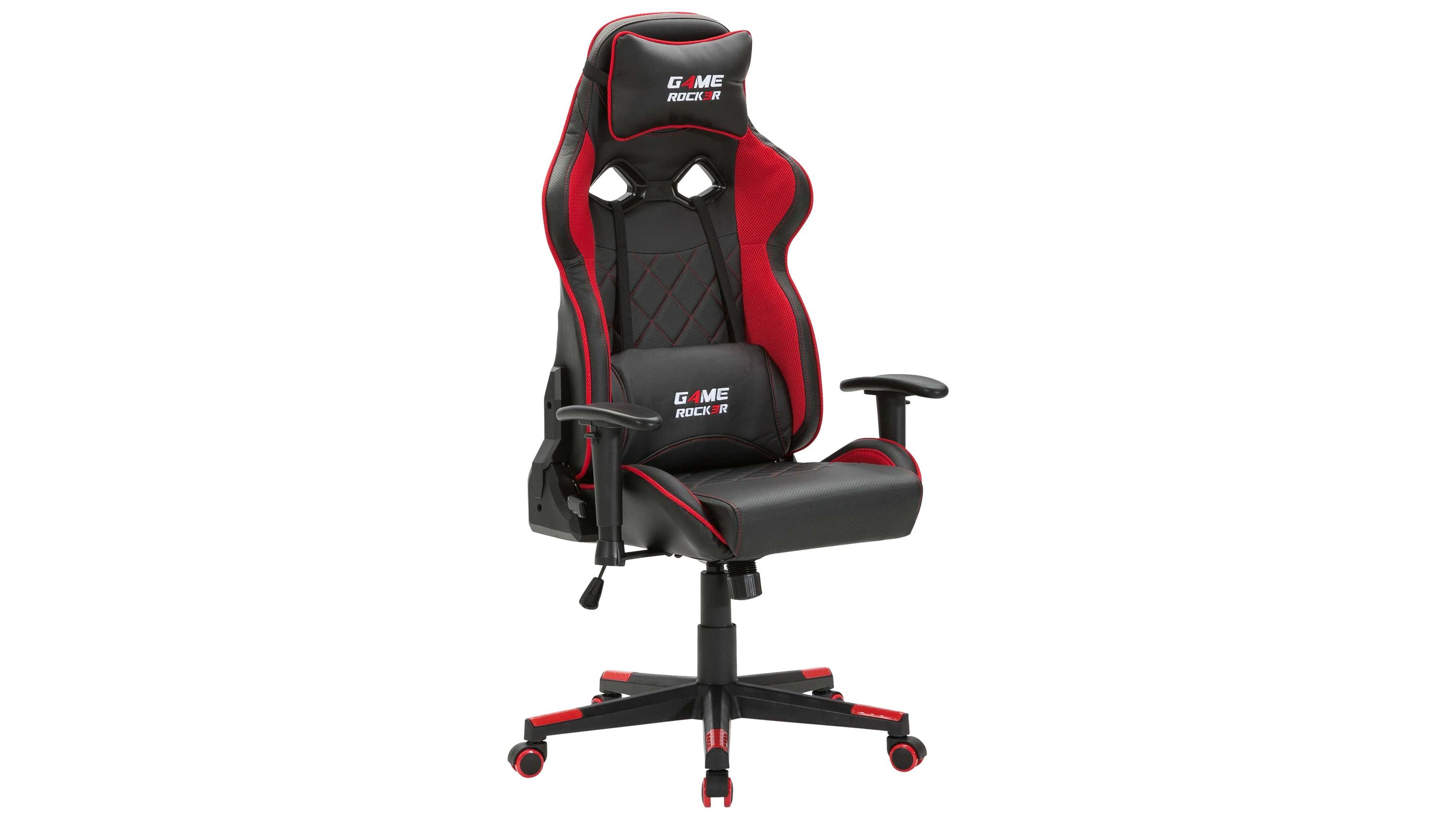 Schwarzer und roter Gaming-Drehstuhl mit hoher Rückenlehne Armlehnen und Rollen