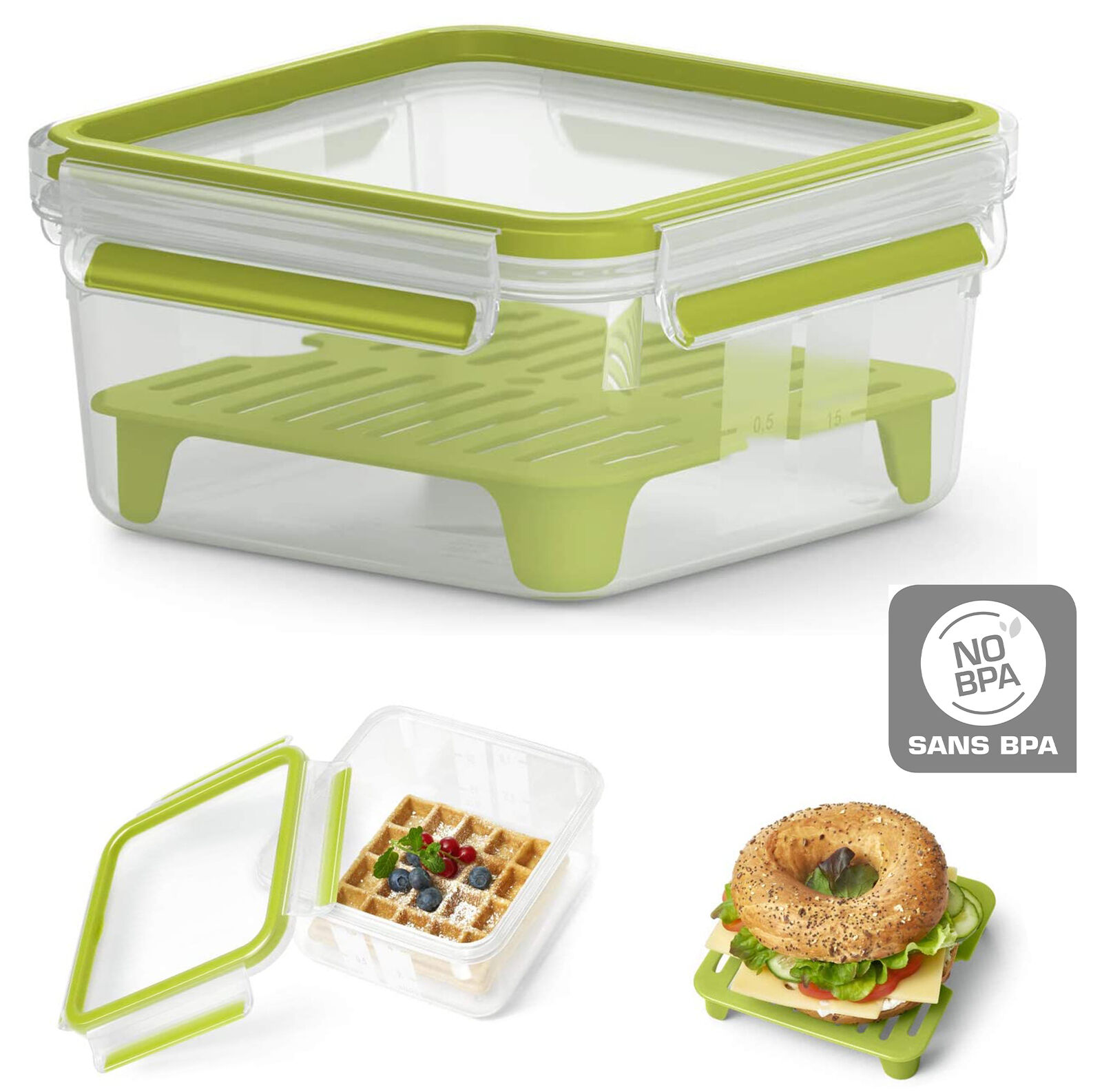 Geöffnete Sandwichbox  grün-transparent  mit Gittereinsatz  befüllt mit Burger  Salat und Dressingbehälter