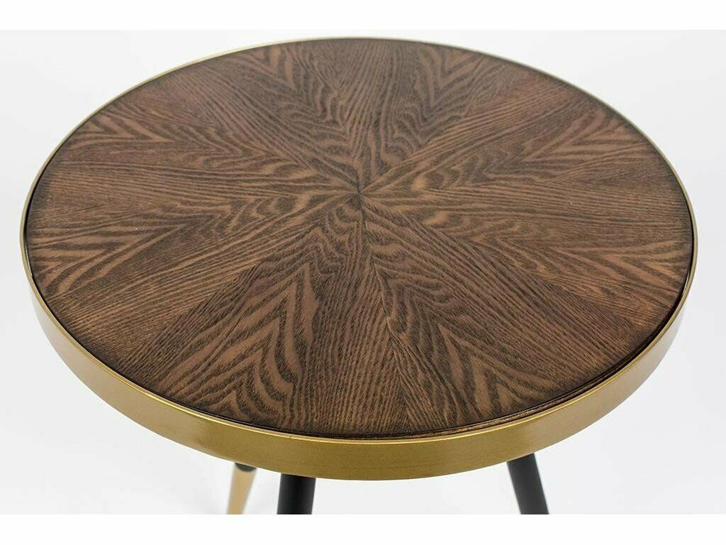 Runde Tischplatte mit Holzfurnier und goldfarbenem Rand, Nahaufnahme Nahaufnahme einer runden Tischplatte mit dunklem Holzfurnier und goldfarbenem Rand, detailreiche Maserung