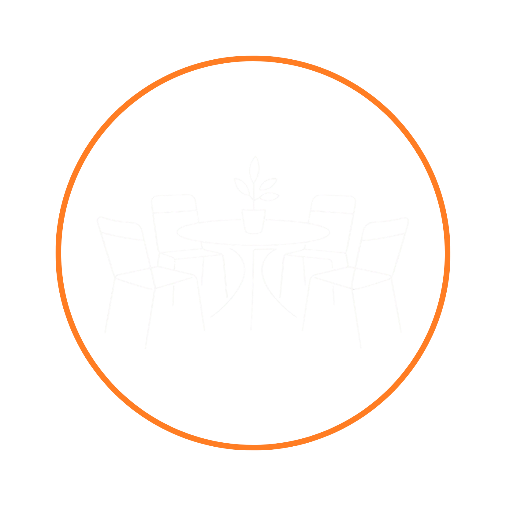 Symbolgrafik einer Essgruppe mit rundem Tisch, vier Stühlen und Pflanze im orangefarbenen Kreis