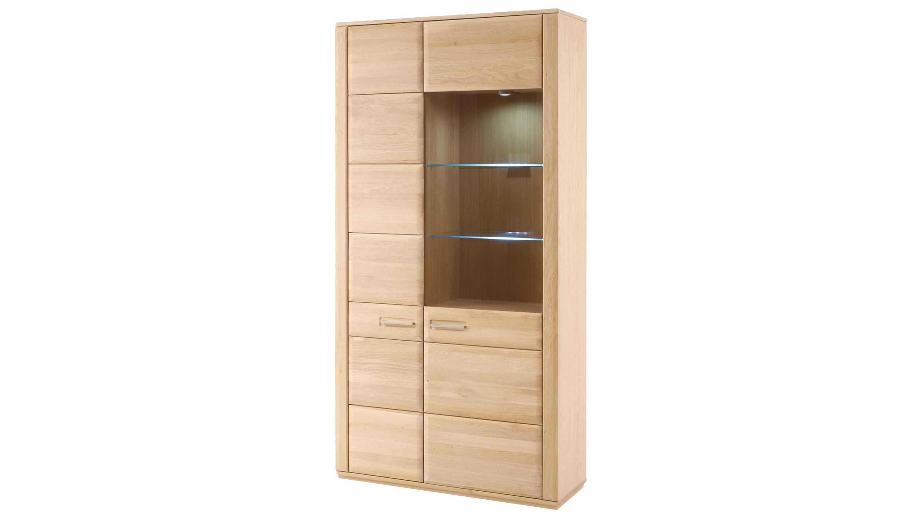 Vitrinenschrank mit zwei Türen eine Tür aus Holz eine Tür mit Glas und zwei Glasböden helles Holz