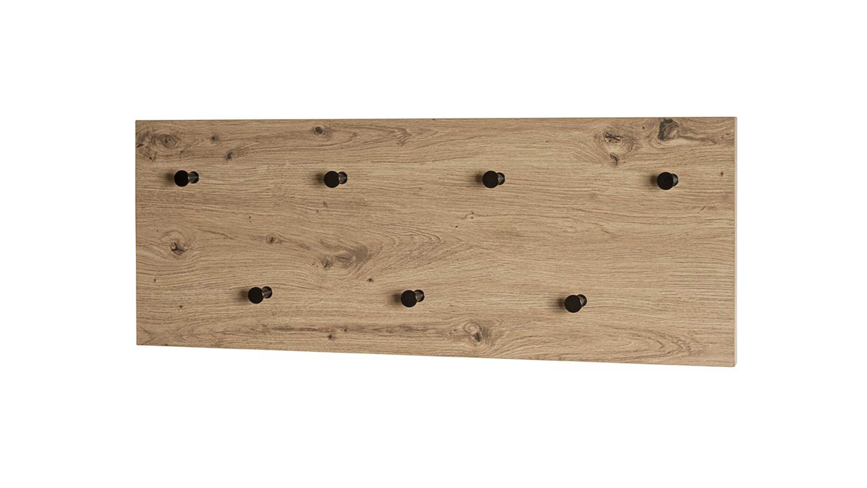 Rechteckige Wandgarderobe aus hellem Holz mit acht schwarzen Metallhaken