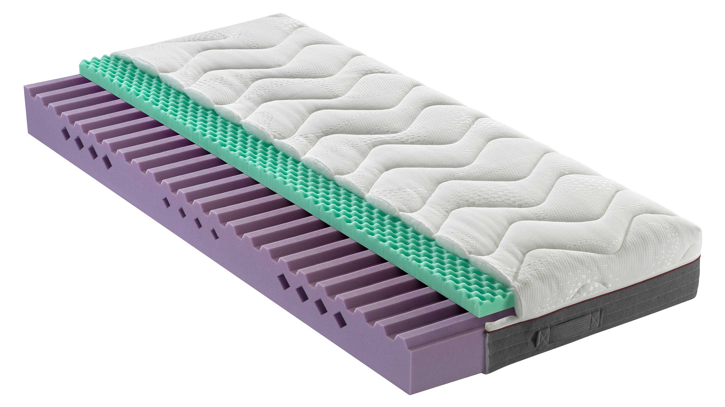 Komfortschaummatratze mit mehrschichtigem Schaumstoff Komfortschaummatratze mit weißem Bezug und mehrschichtigem Schaumstoff in lila und grün
