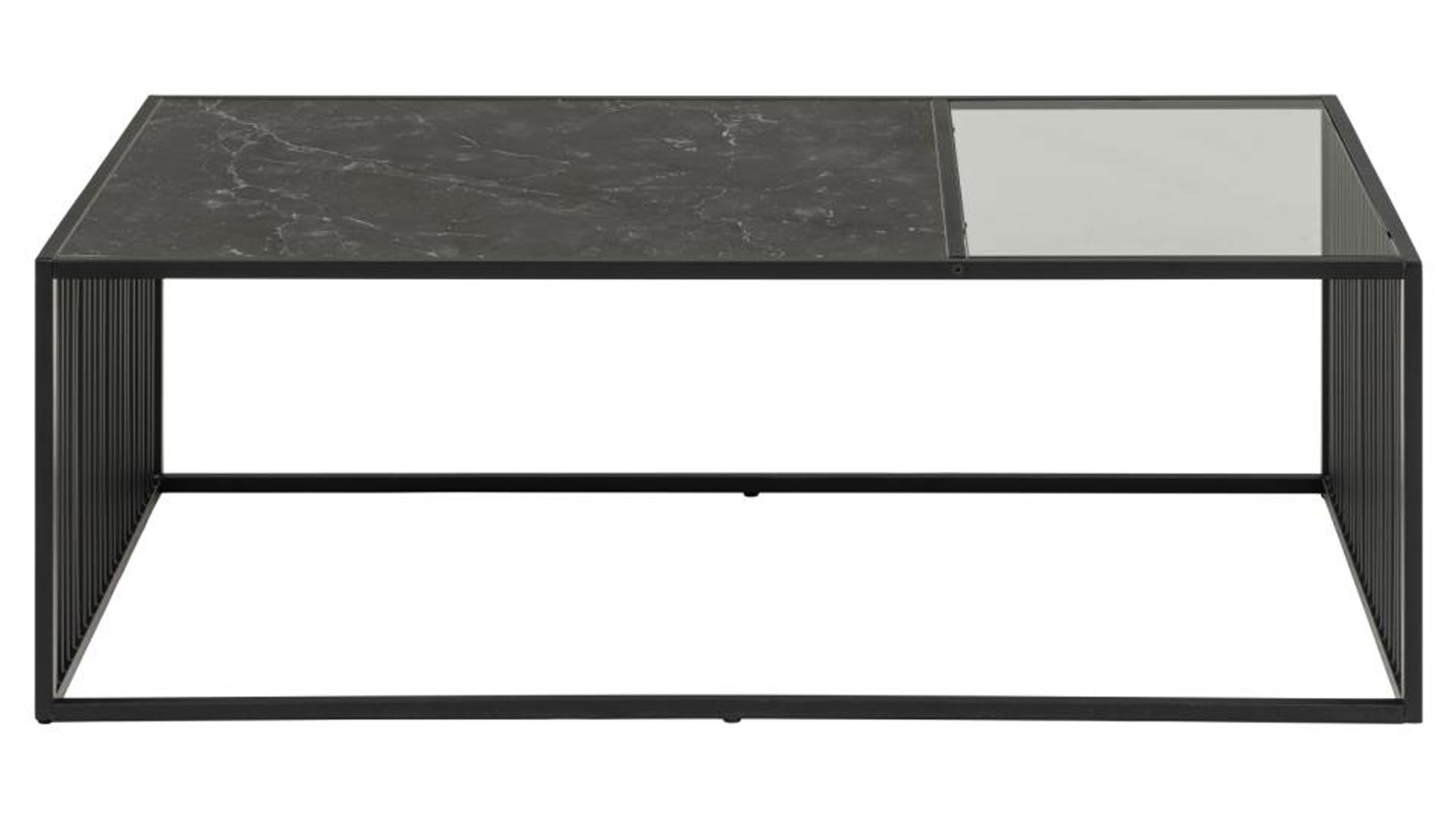 Rechteckiger Couchtisch mit schwarzem Metallgestell einer Tischplatte aus rauchfarbenem Glas und schwarzer Marmoroptik