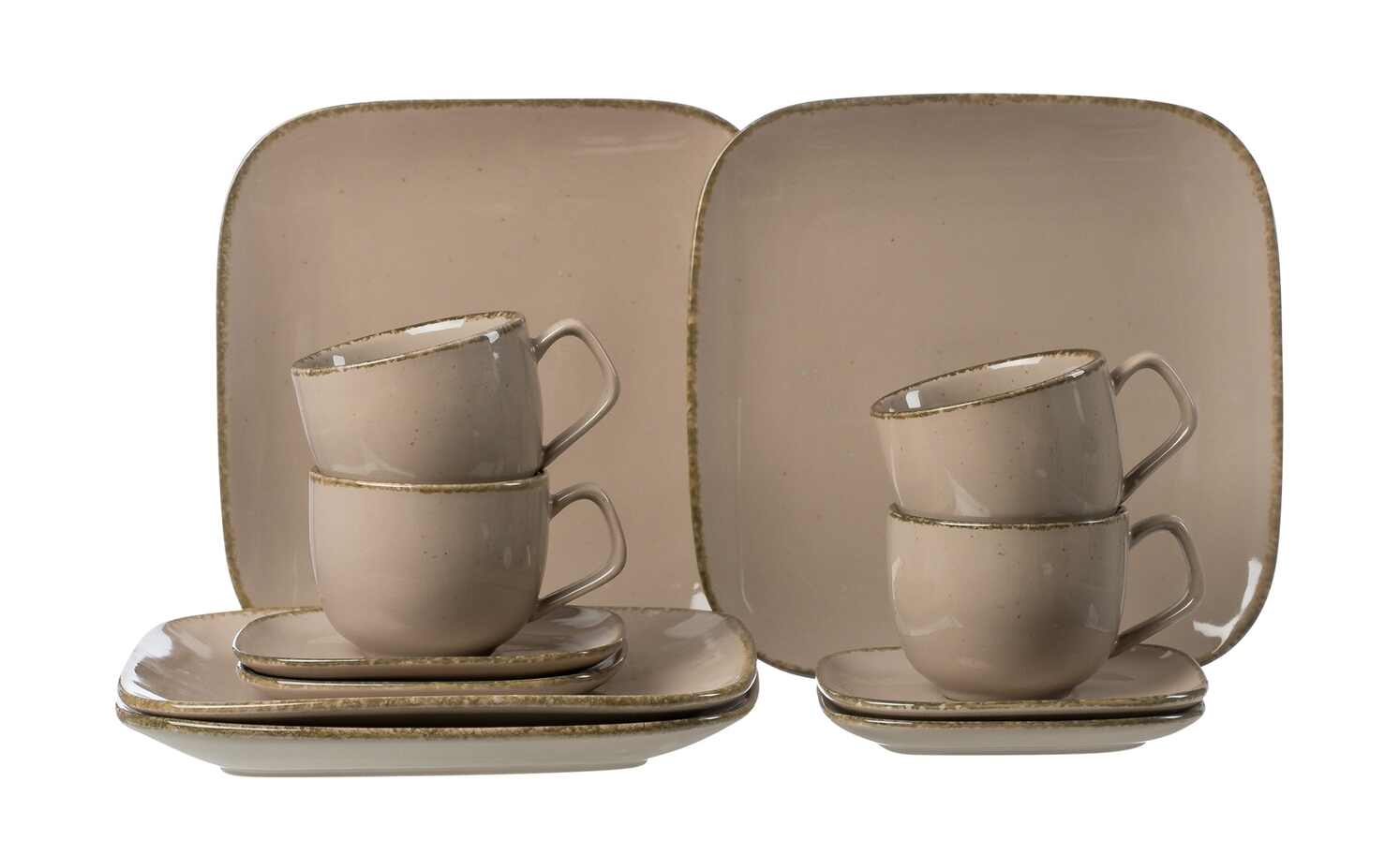 Braunes 12-teiliges Kaffeeservice mit quadratischen Tellern und Tassen  stilvoll gestapelt im modernen Vintage-Design