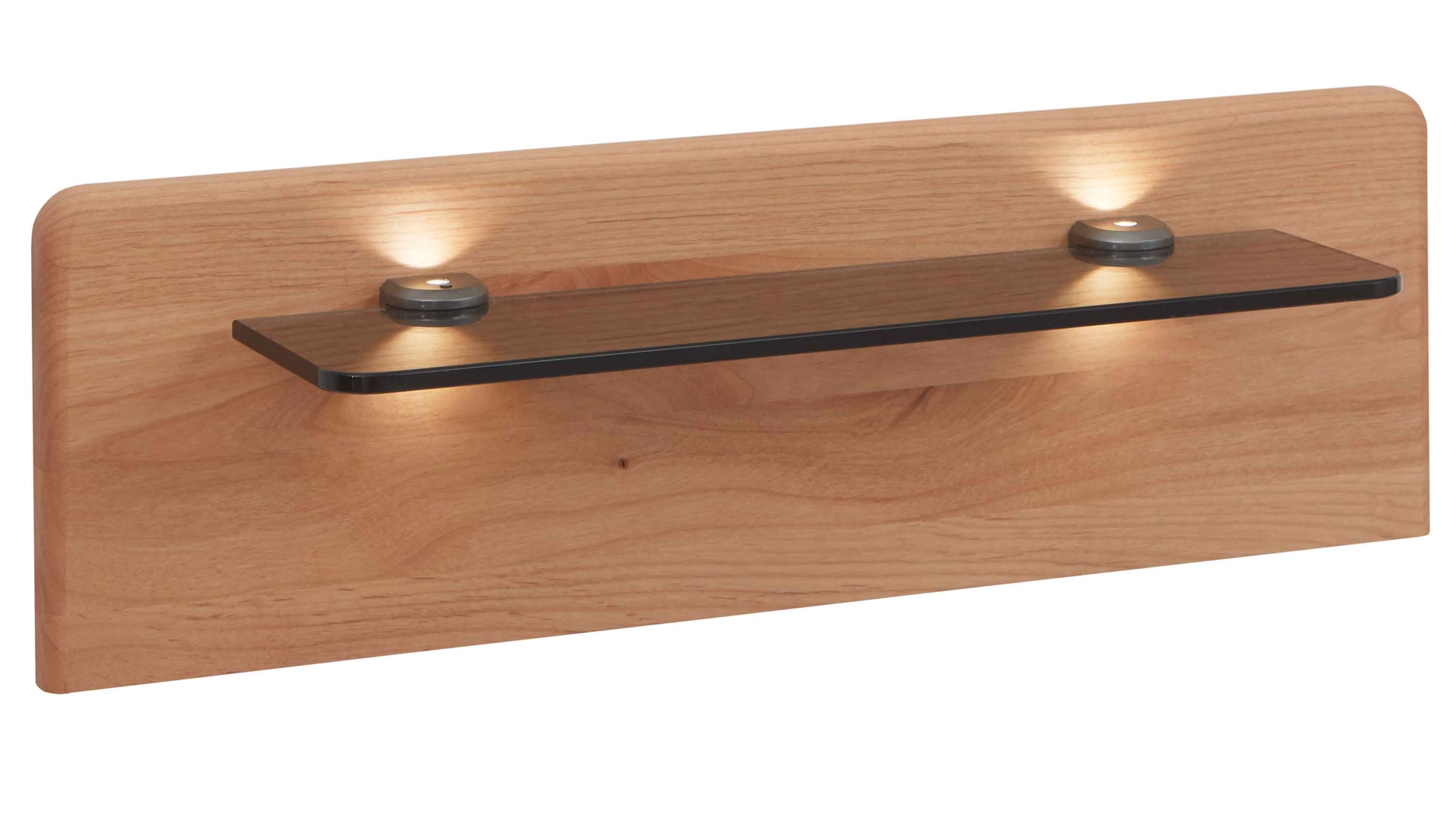 Beleuchtetes Paneel-Set mit Ablagefläche in Holzoptik Zweiteiliges Paneel-Set mit abgerundeten Ecken und einer dunklen Ablagefläche zwei integrierte Leuchten