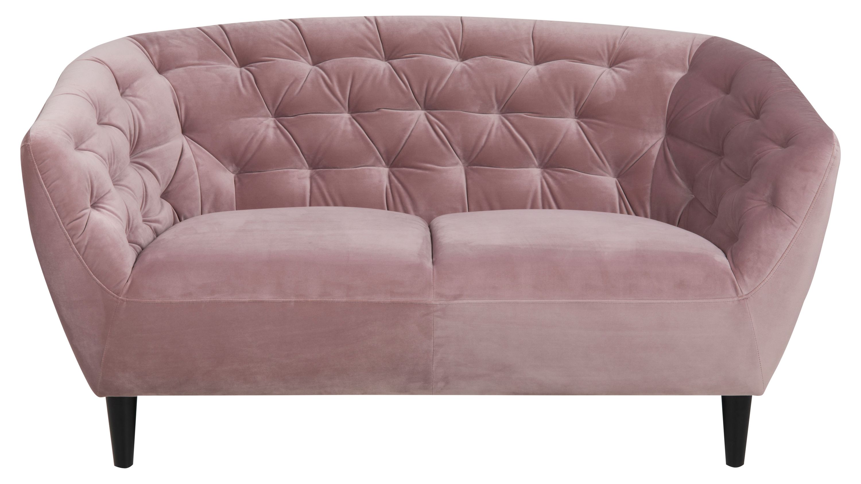 Zweisitzer-Sofa mit rosa Polsterung und abgerundeter Form Zweisitziges Sofa mit abgerundeter Rückenlehne und seitlichen Armlehnen in rosa Polsterung