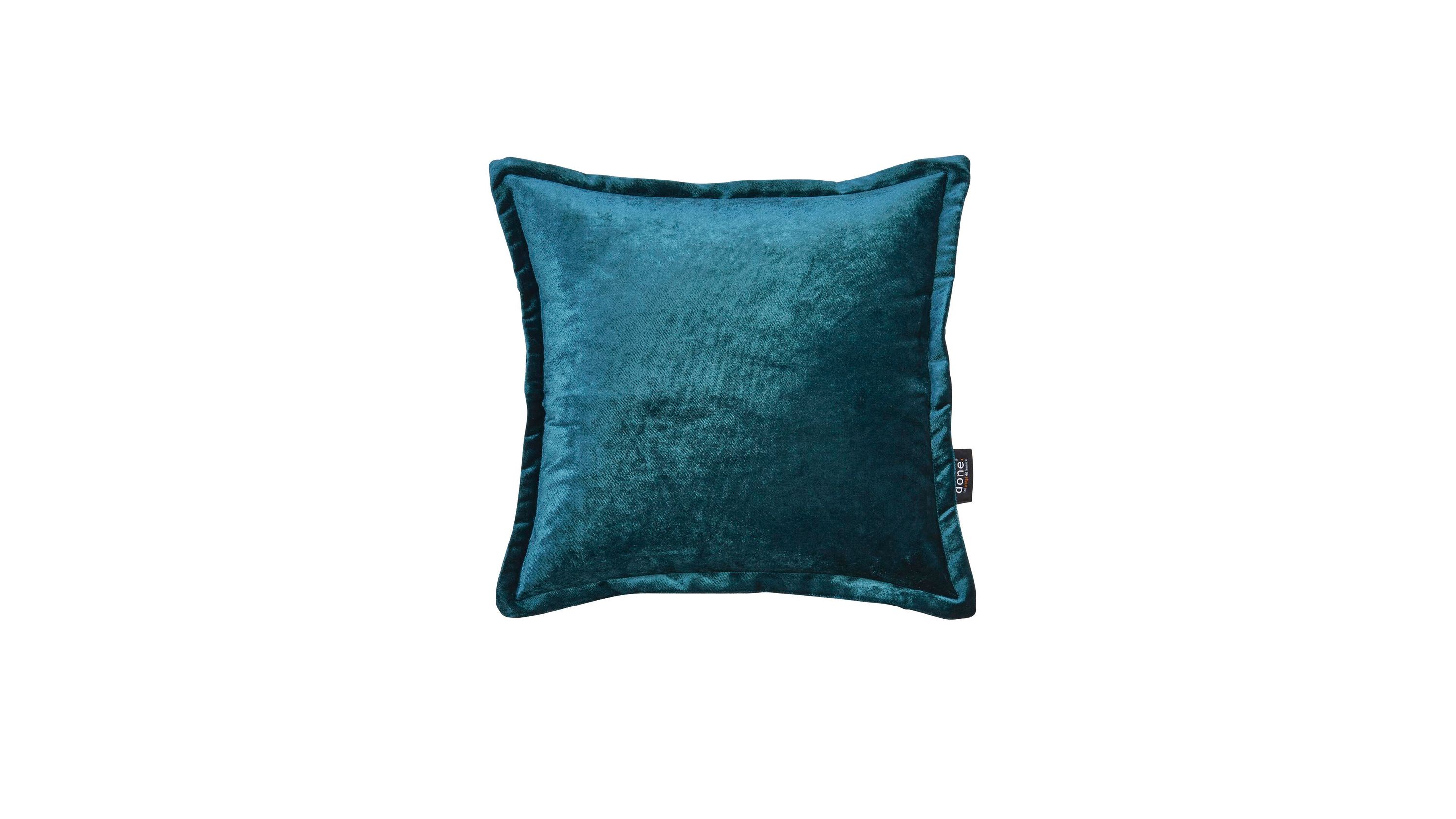 Petrolfarbene quadratische Kissenhülle aus Samt Quadratische Kissenhülle in petrol mit samtiger Oberfläche und eingefasstem Rand