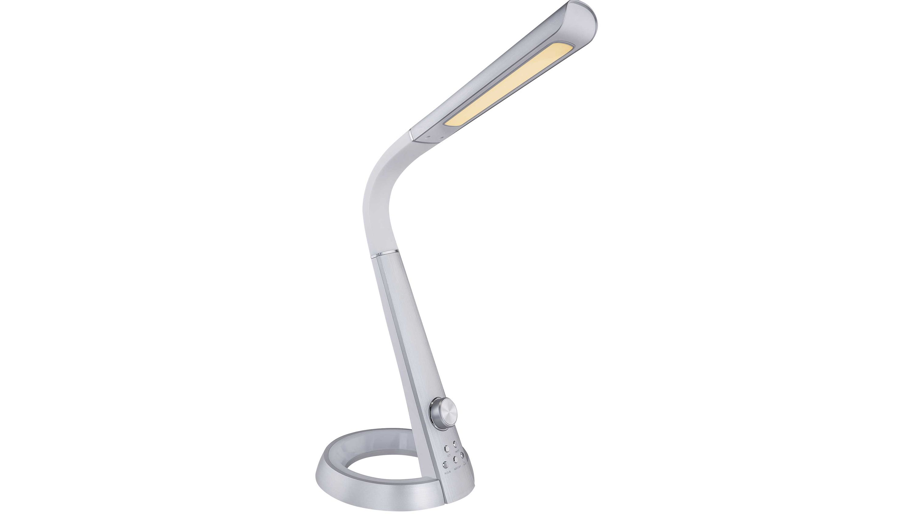 Silberne LED-Tischleuchte mit gebogenem Arm und rundem Sockel