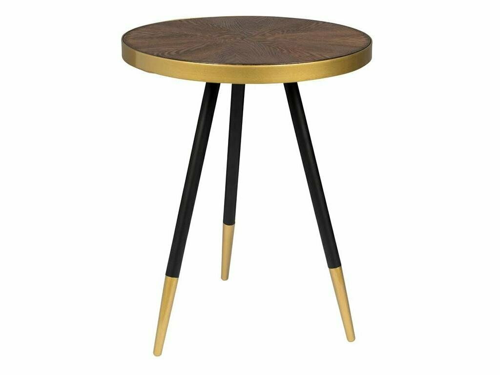 Runder Beistelltisch mit Holzplatte, goldfarbenem Rand und schwarzen Beinen Runder Beistelltisch mit dunkler Holzplatte, goldfarbenem Rand und schwarzen Beinen mit goldenen Füßen