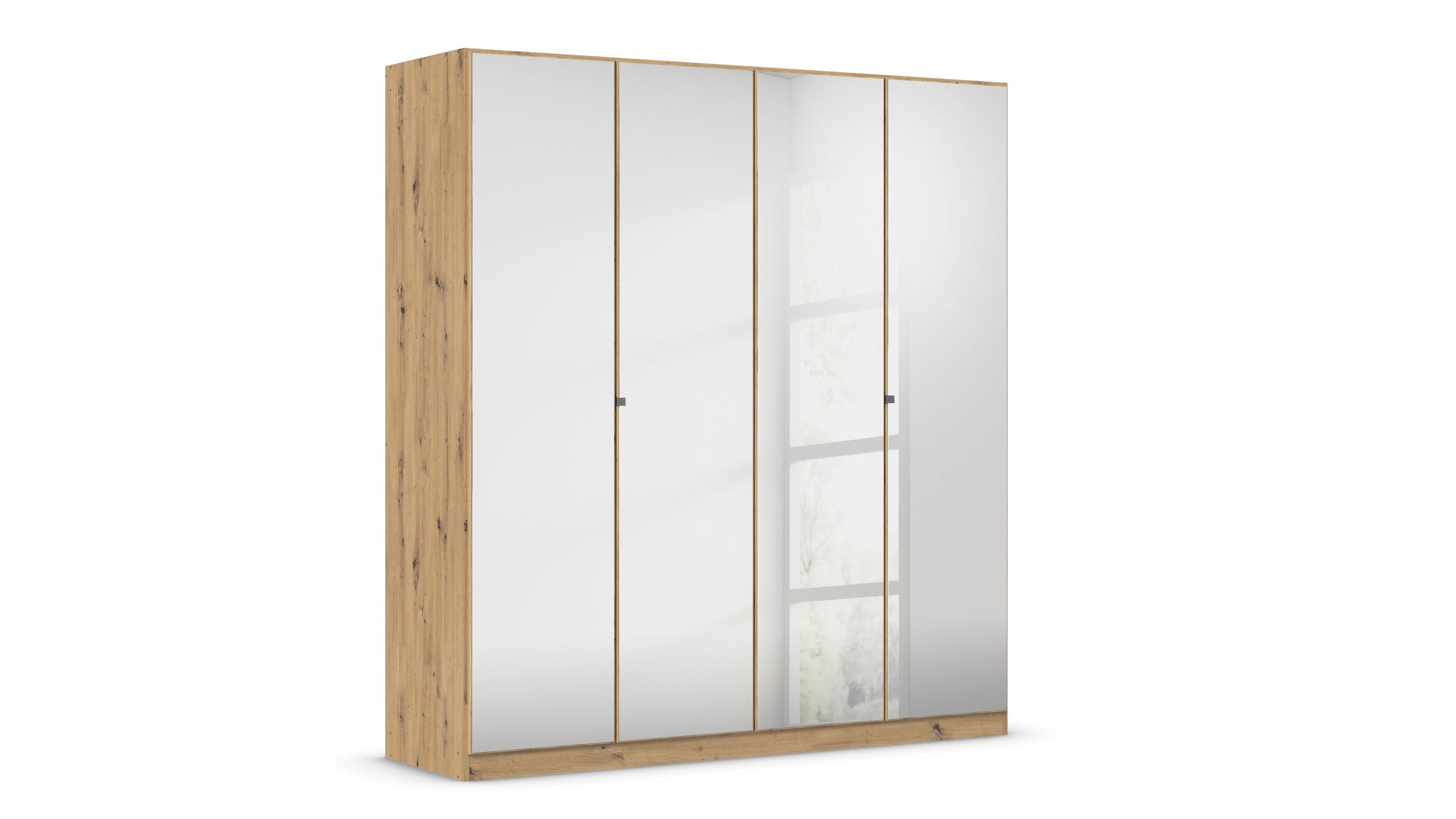 Drehtürenschrank mit Spiegel und Holzoptik Drehtürenschrank mit vier verspiegelten Türen und Holzoptik seitlich und unten