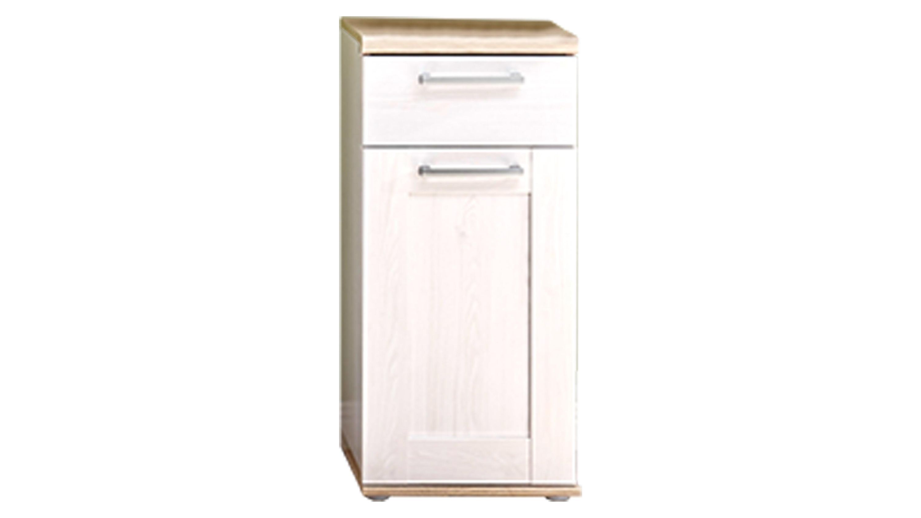 Badezimmer-Unterschrank mit Tür und Schublade in Weiß und Lärche Schmaler Badezimmer-Unterschrank mit einer weißen Tür und einer Schublade lärchefarbene Oberflächen