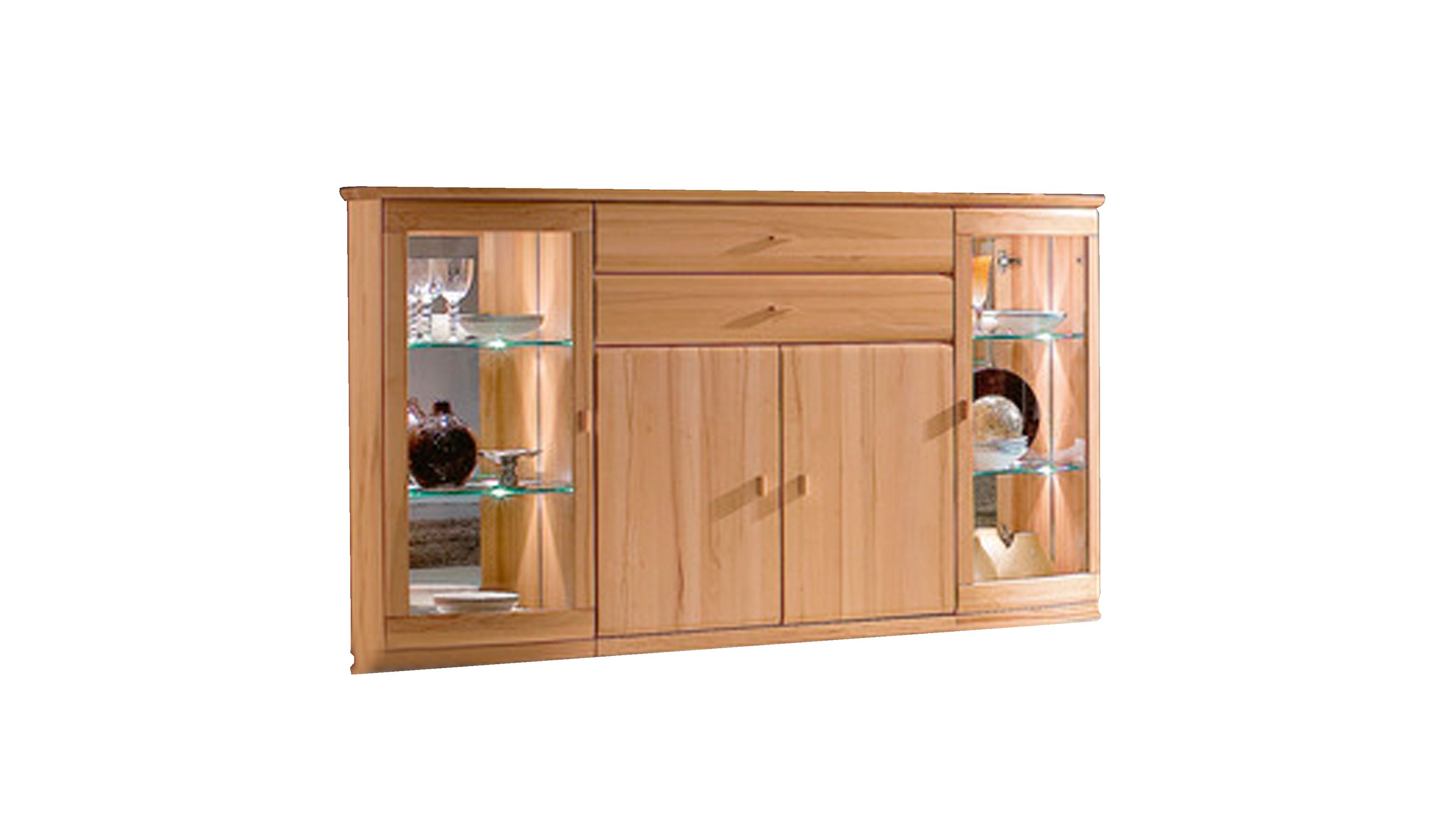 Sideboard mit vier Türen und zwei Schubladen in sandfarbener Eiche mit Glaseinsätzen