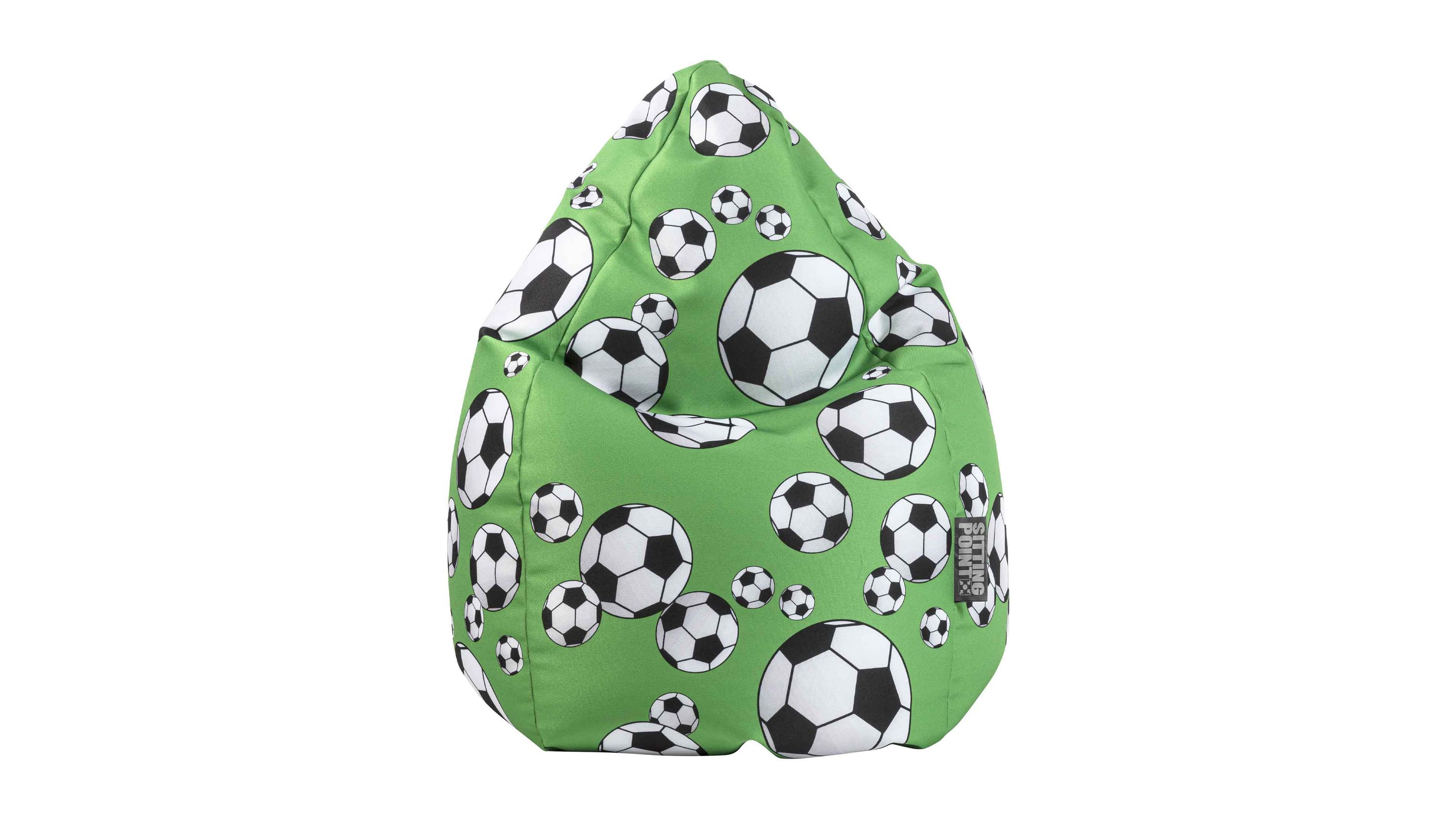 Grüner Sitzsack mit schwarzem und weißem Fußballmuster in Tropfenform