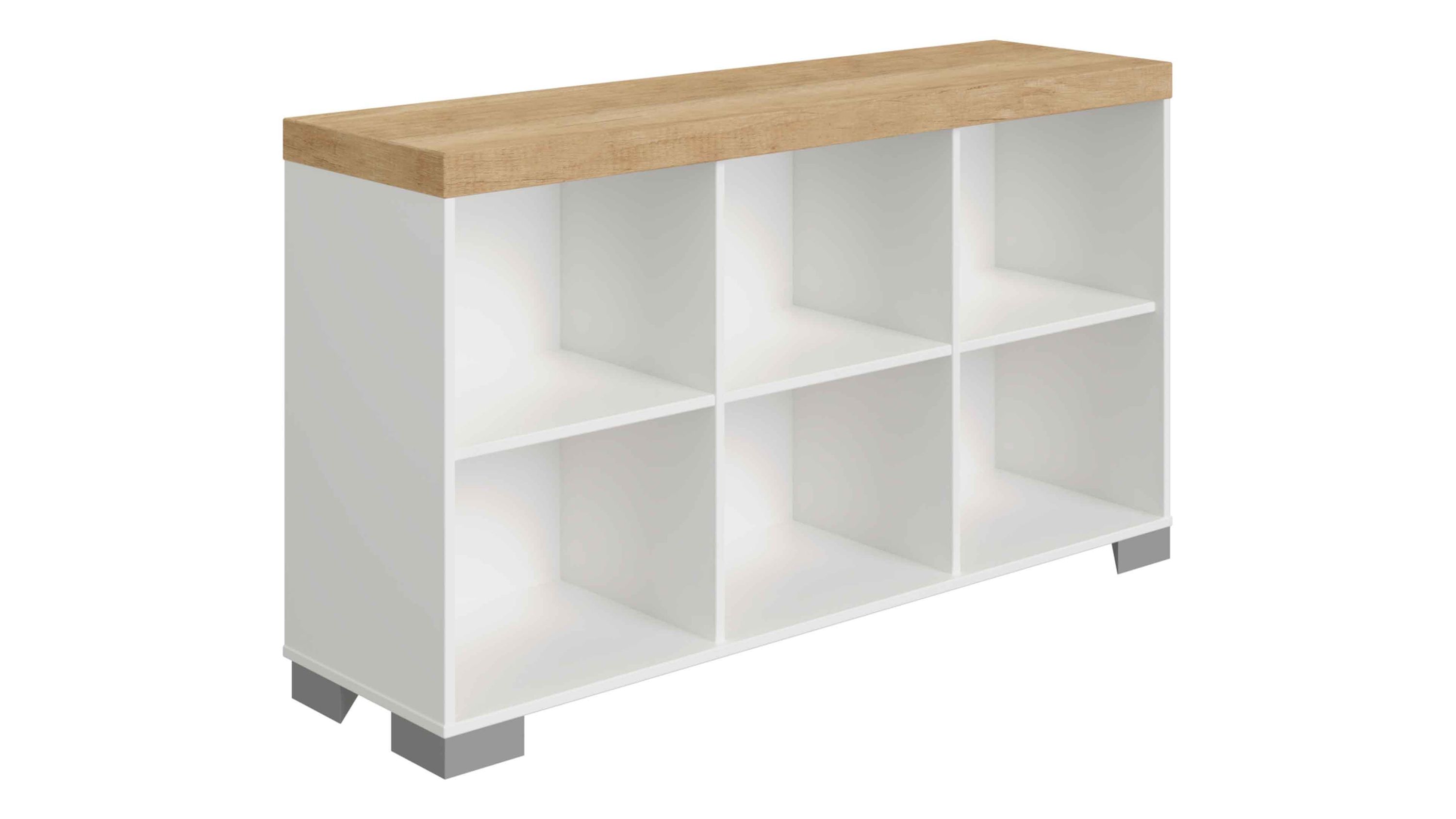 Sideboard mit sechs offenen Fächern weiß mit hellbrauner Ablagefläche