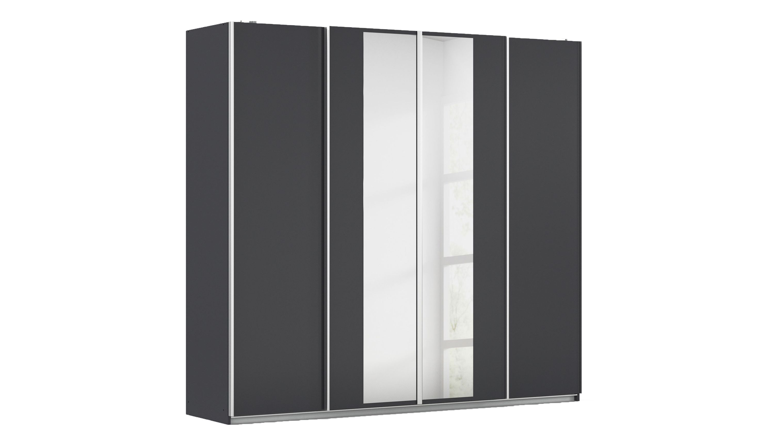 Viertüriger Schwebetürenschrank in Grau mit Spiegeltüren Großer viertüriger Schwebetürenschrank in grauer Farbe mit zwei mittleren Spiegeltüren