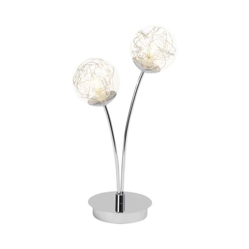 Stehlampe mit zwei Glaskugeln und geschwungenem Chromgestell Stehlampe mit zwei kugelförmigen Glasschirmen auf geschwungenen Metallarmen runder Chromfuß frontal fotografiert
