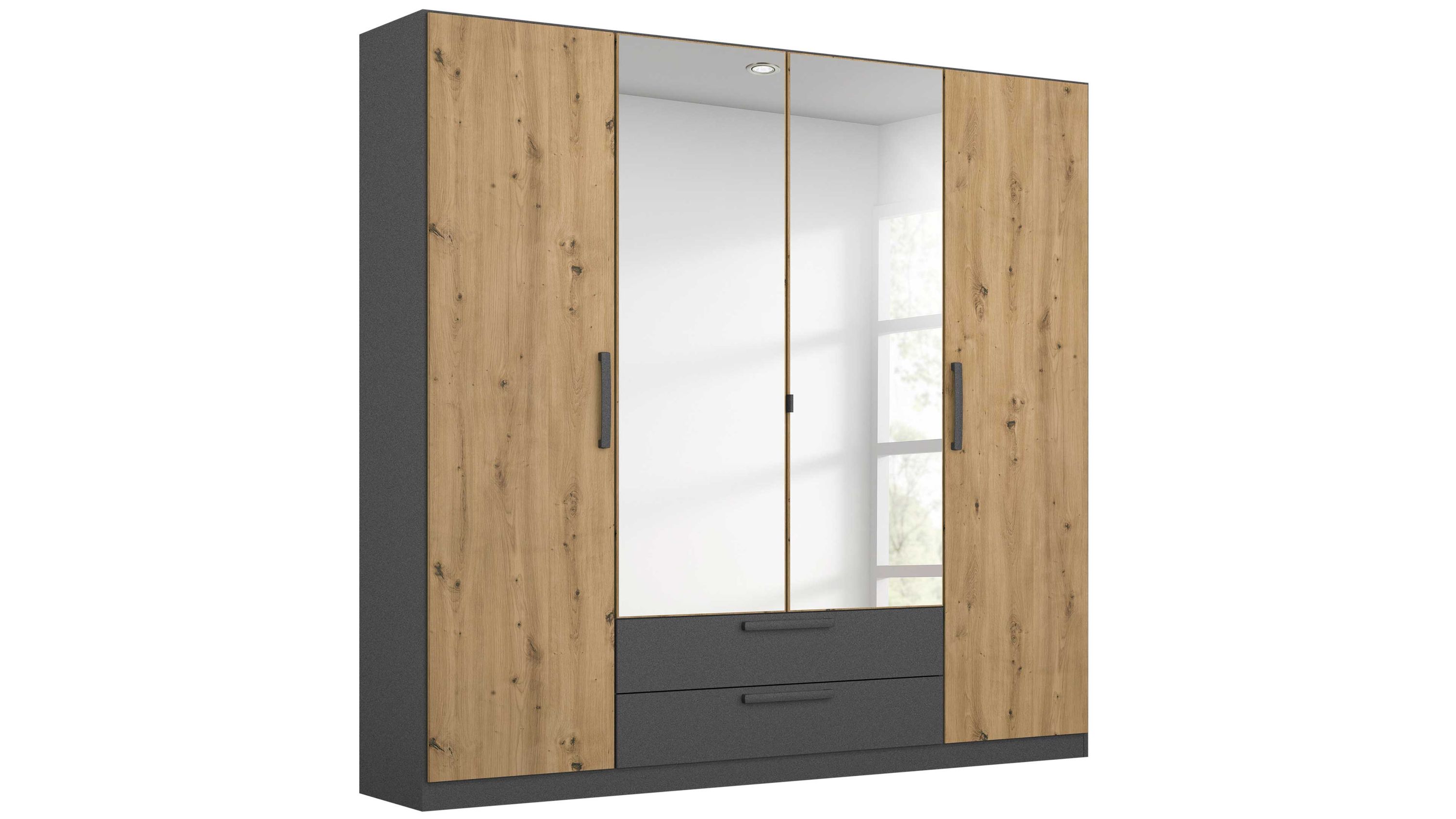 Kleiderschrank mit Spiegeltüren und Holzoptik Kleiderschrank mit vier Türen zwei Spiegeltüren zwei in Holzoptik grauer Korpus und zwei Schubladen