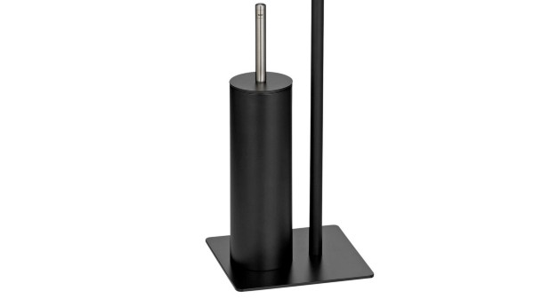 Moderner WC-Bürstenhalter mit schwarzem Standfuß Teil der freistehenden Toilettengarnitur aus Metall und Edelstahl Schwarzer WC-Bürstenhalter mit Stahlgriff auf quadratischem Metallfuß, Teil einer modernen Toilettengarnitur