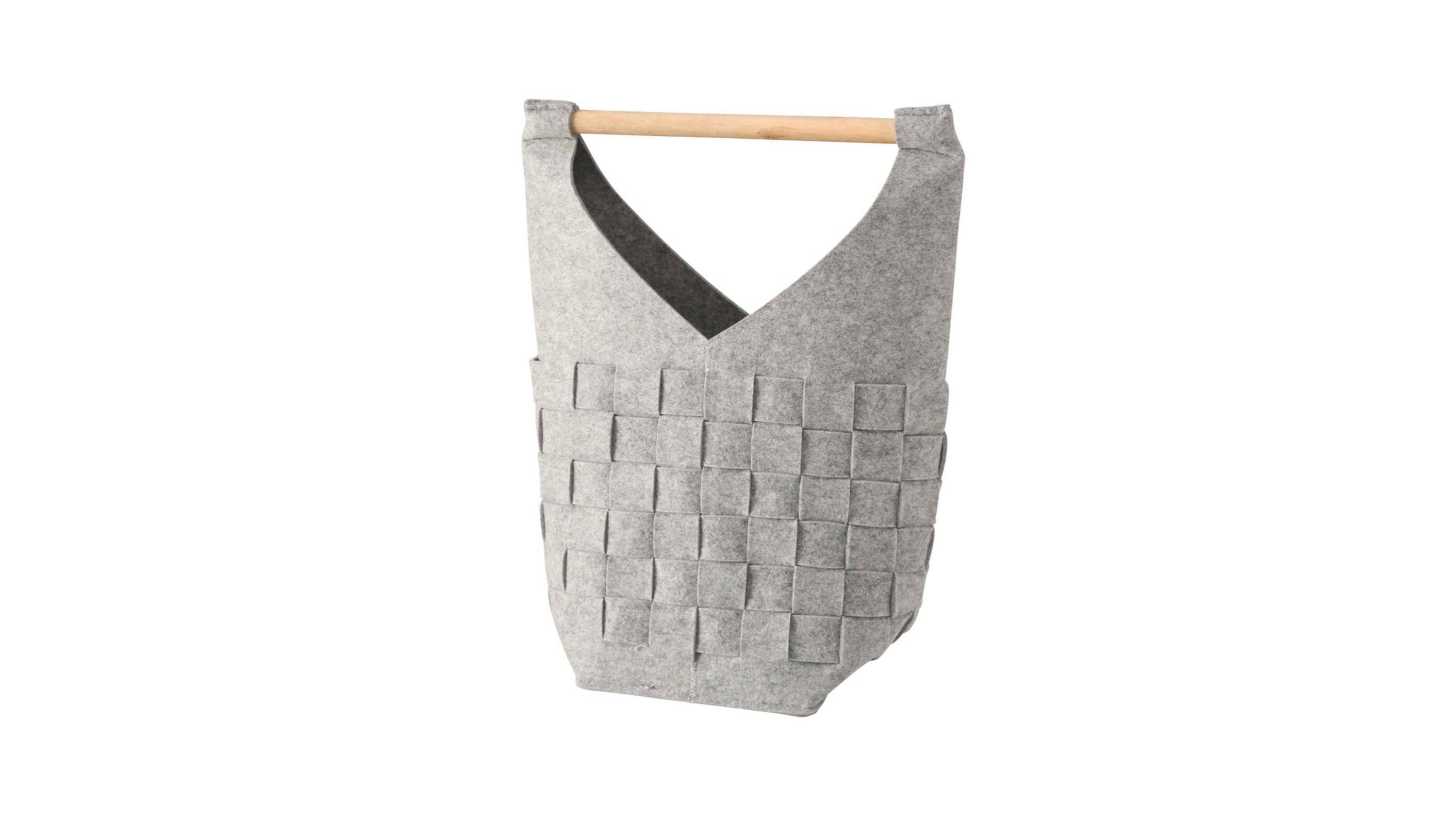 Hellgraue Filztasche mit geflochtenem Muster und Holzgriff