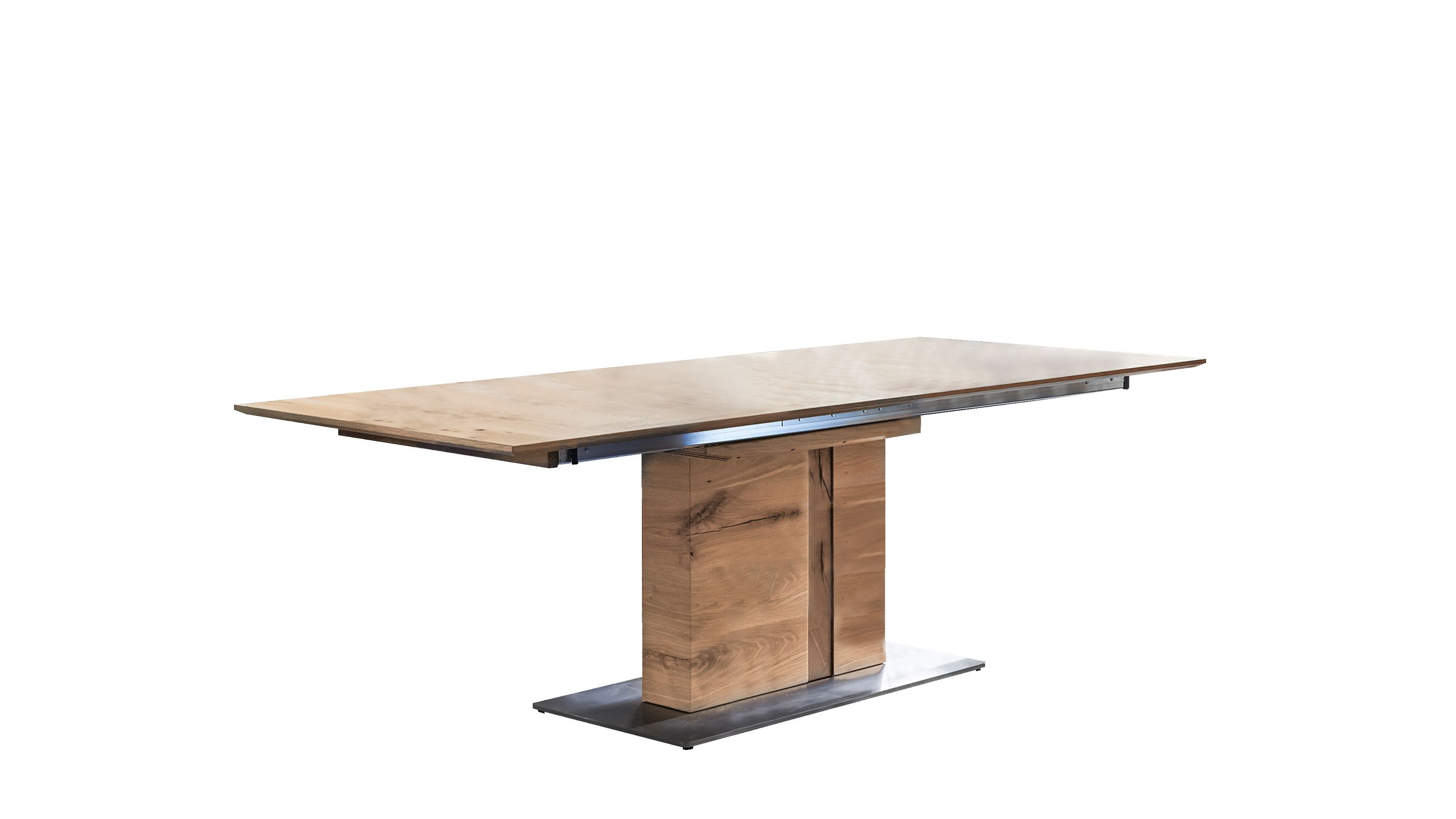 Moderner rechteckiger Holztisch mit Metallfuß Moderner rechteckiger Holztisch mit geölter Oberfläche und mittlerem Holzfuß auf rechteckiger Metallplatte