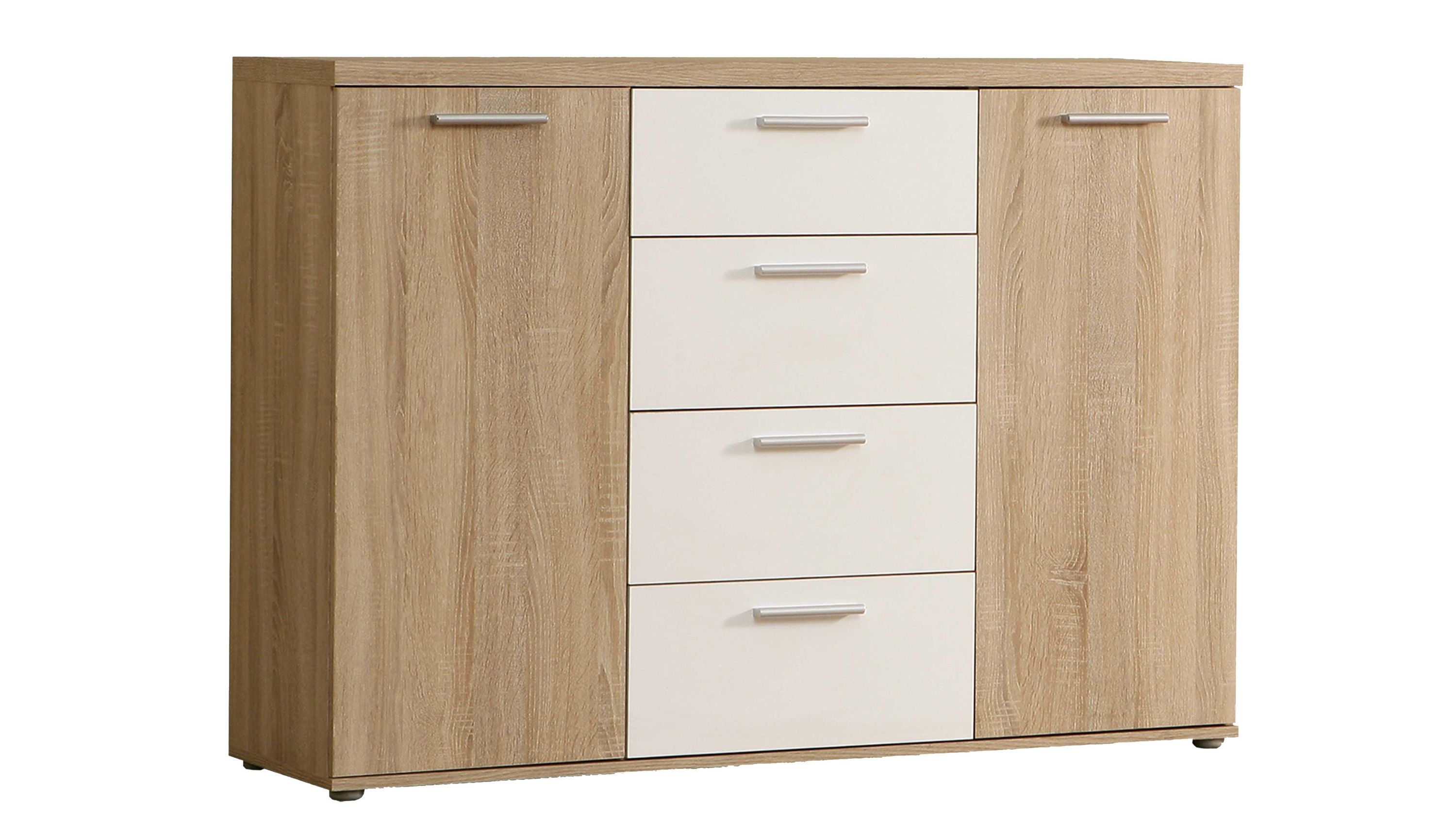 Kombikommode mit Türen und Schubladen in Holz und Weiß Kombikommode mit zwei Türen in Holzoptik und vier weißen Schubladen in der Mitte