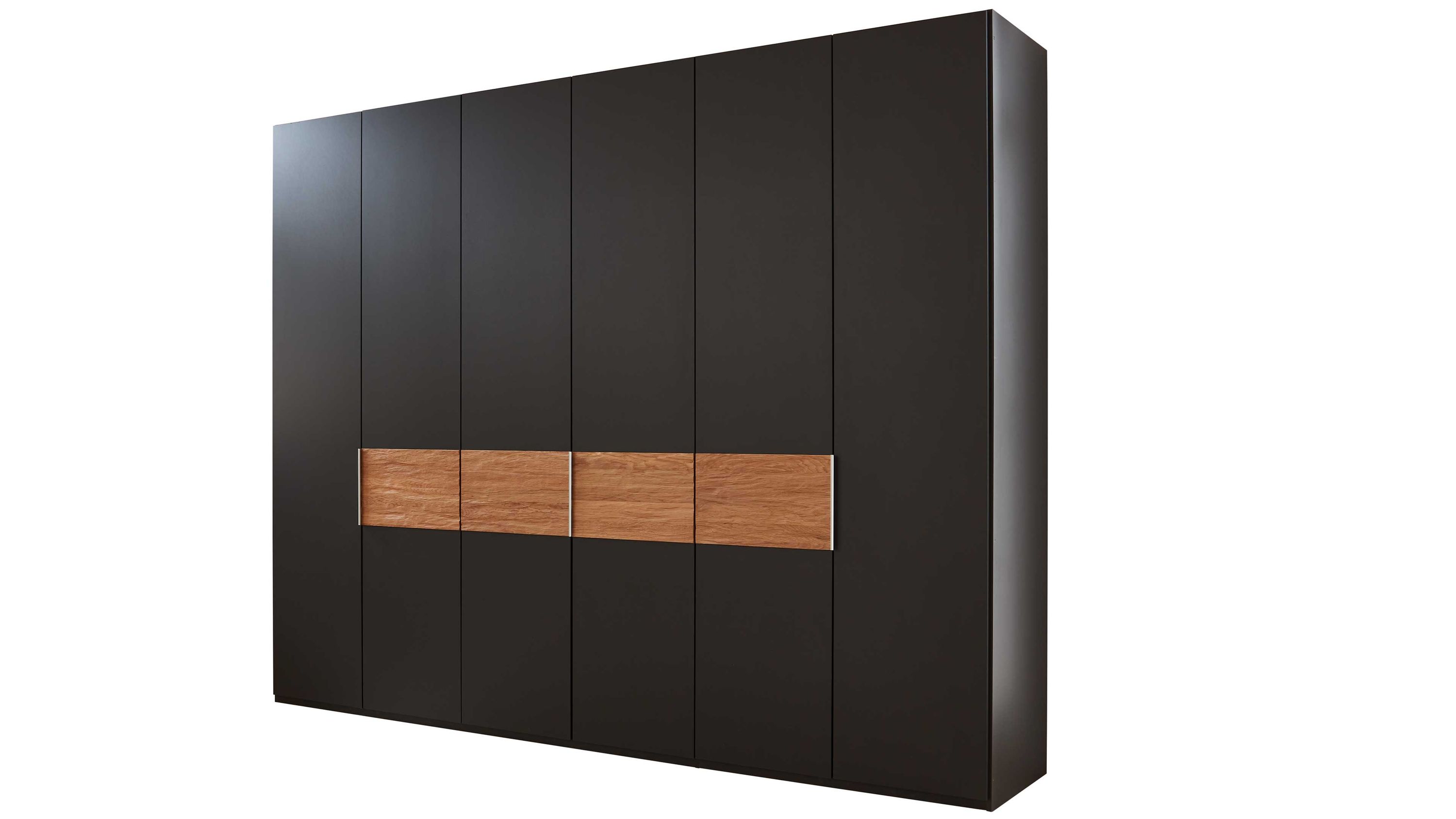 Sechstüriger Kleiderschrank in dunkler Farbe mit mittigem Holzdekor