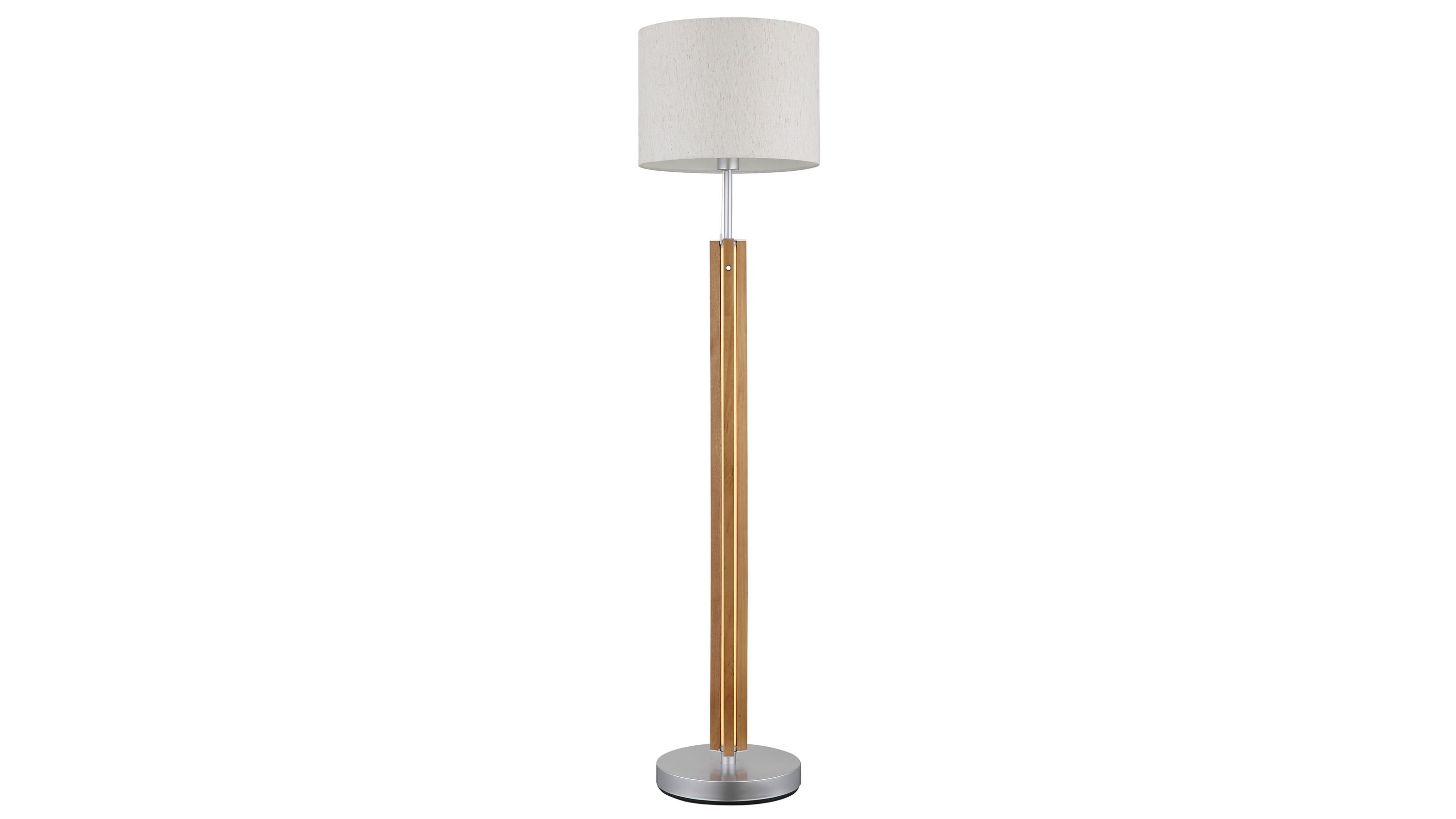 Stehlampe mit rundem weißem Lampenschirm und Holzsäule auf rundem Metallfuß