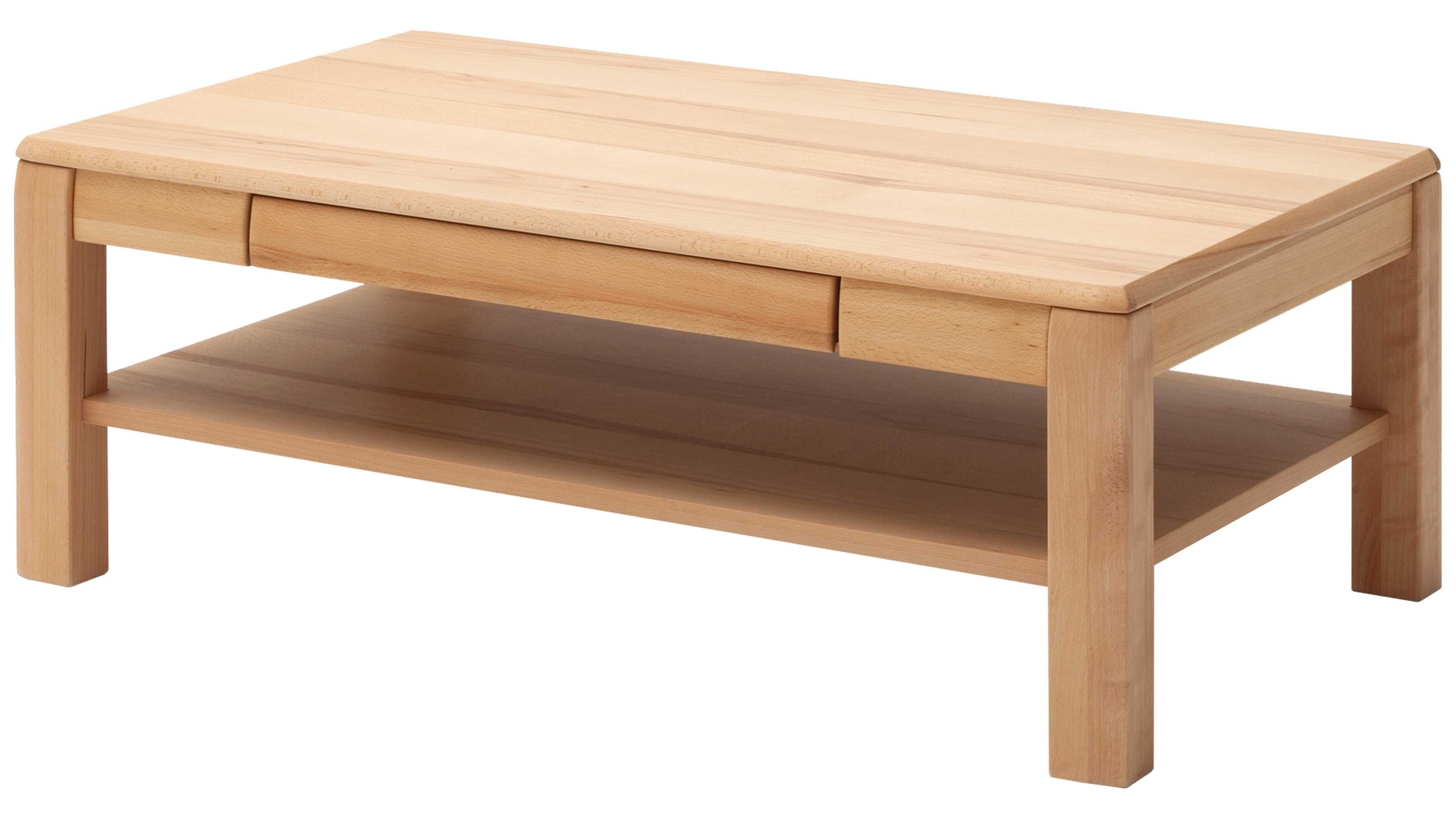 Rechteckiger Couchtisch aus hellem Holz mit einer Schublade und einem Ablageboden