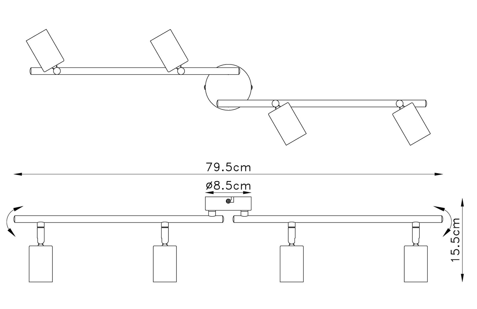 Technische Zeichnung einer Deckenleuchte mit drei Spots, 79,5 cm lang, 15,5 cm hoch, Sockeldurchmesser 8,5 cm.