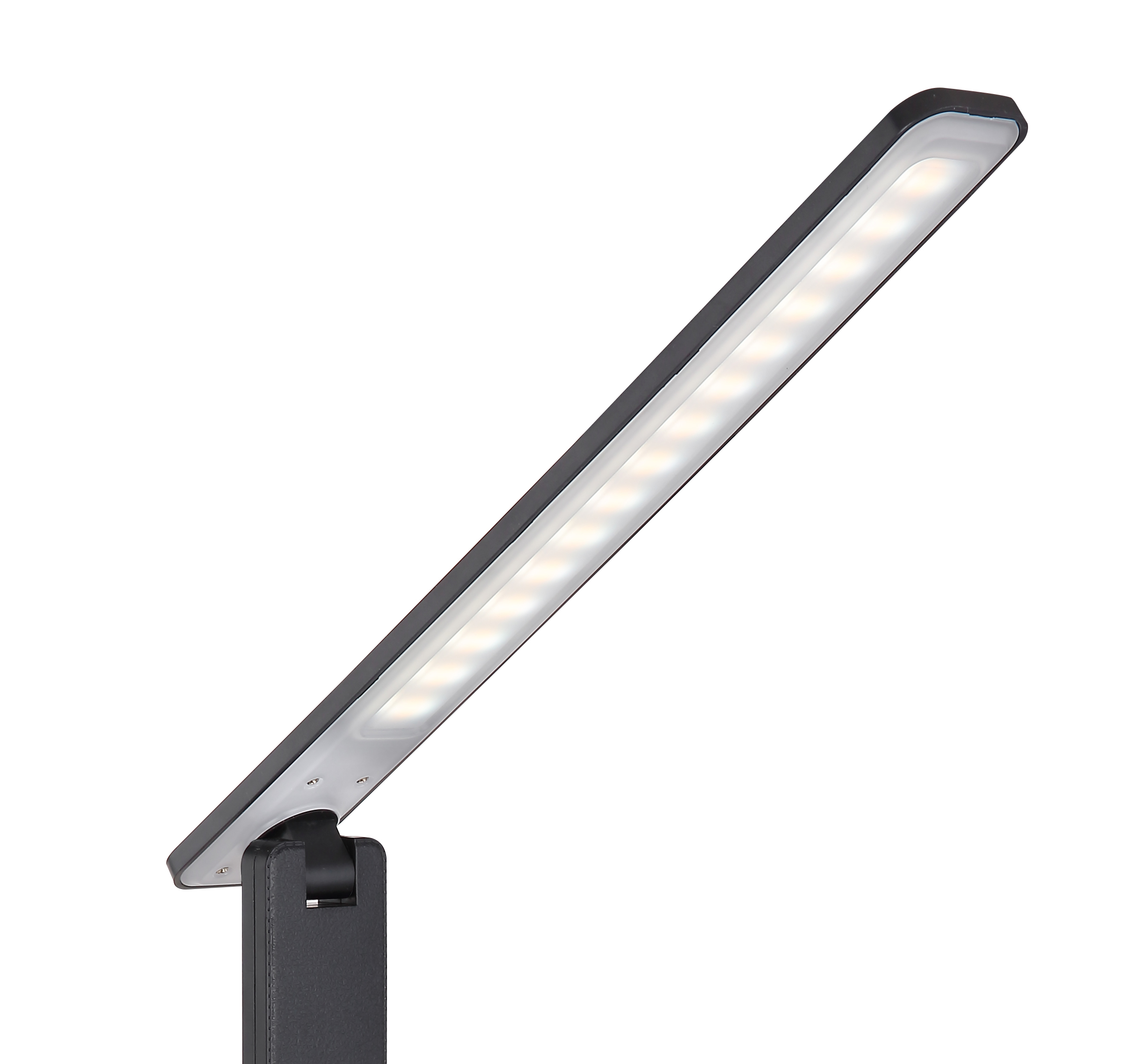 Nahansicht des schräg gestellten Arms einer schwarzen LED-Tischlampe mit sichtbaren LEDs vor weißem Hintergrund