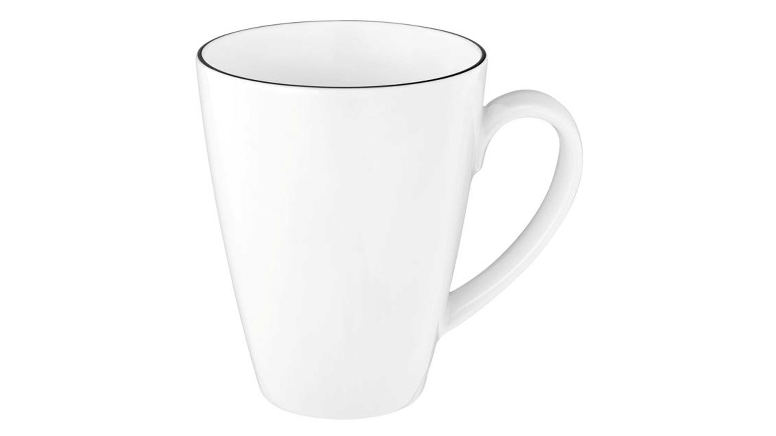 Weißer Kaffeebecher mit Henkel und schwarzem Rand am oberen Rand