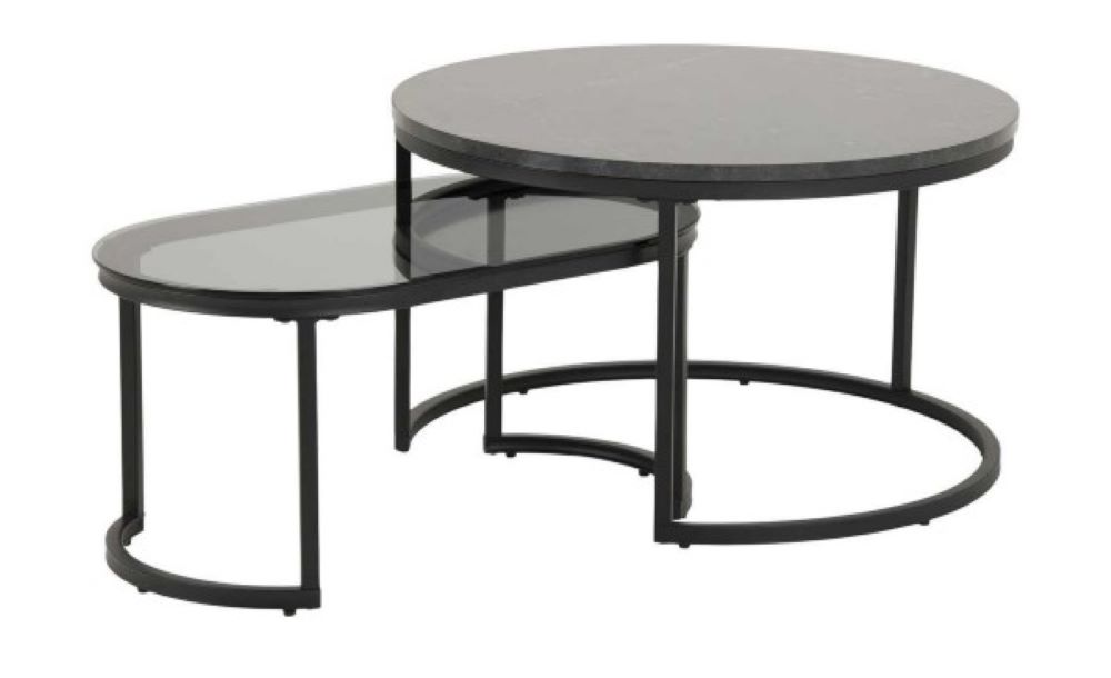 Couchtisch-Set mit rundem und ovalem Tisch  graue Platten  schwarze Marmoroptik  Gestell  ineinander schiebbar
