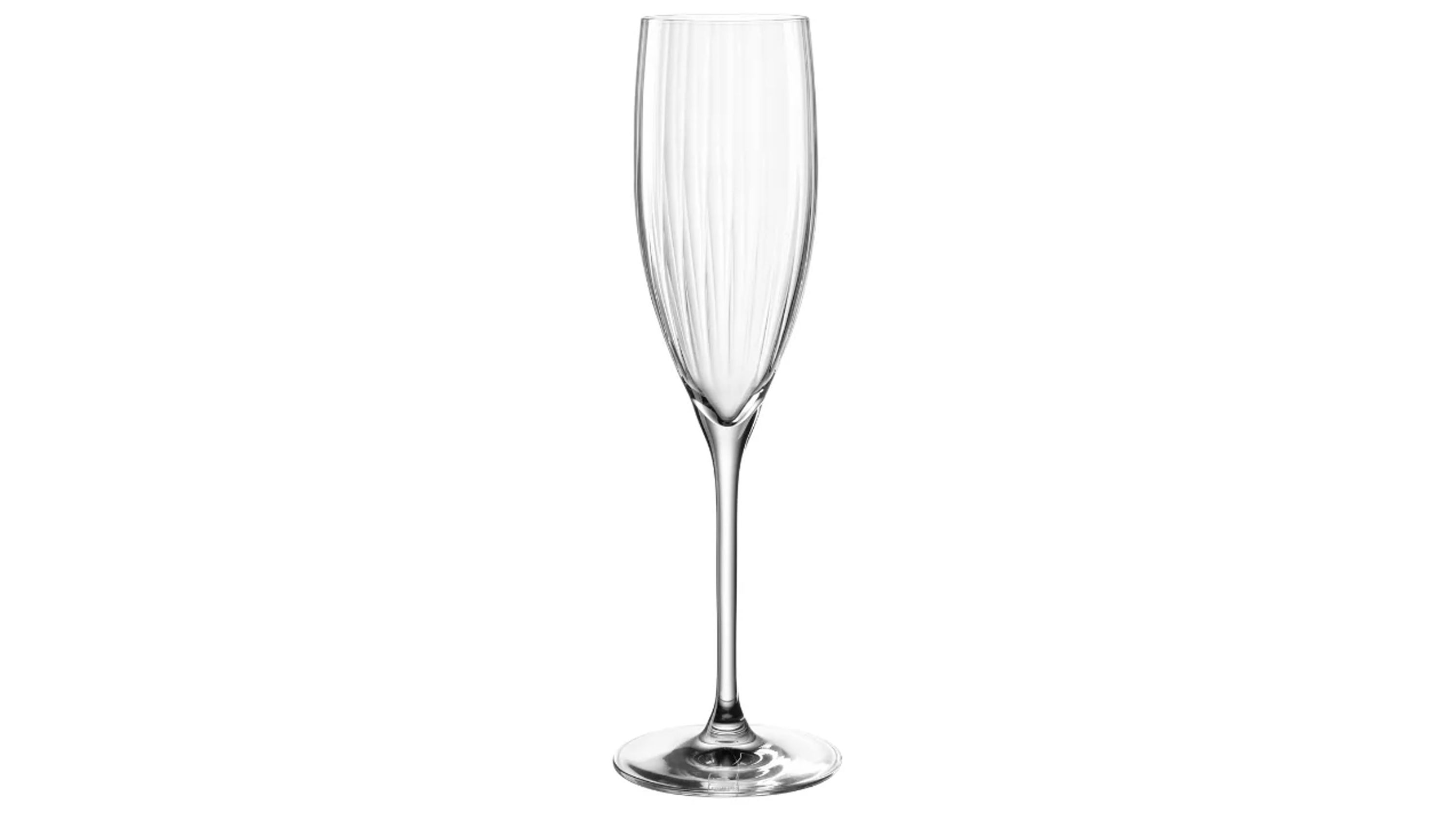 Klares Sektglas mit langem Stiel und schmaler leicht gerippter Kelchform