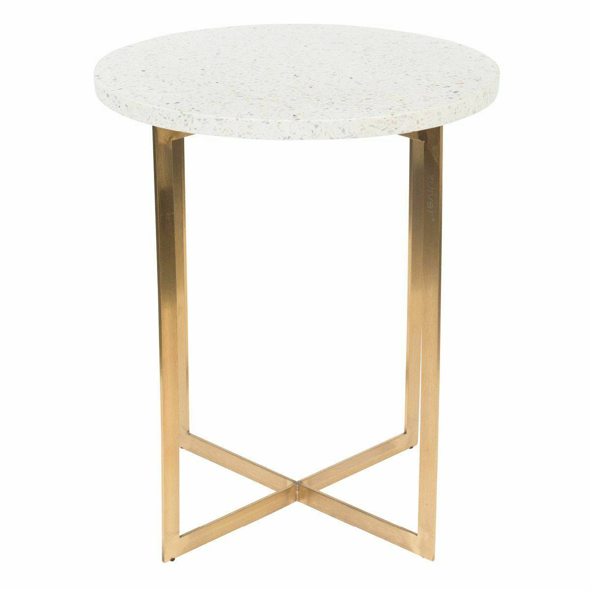 Runder Beistelltisch mit weißer Terrazzo-Oberfläche und goldfarbenem X-Gestell  frontal aufgenommen  kompakte Form