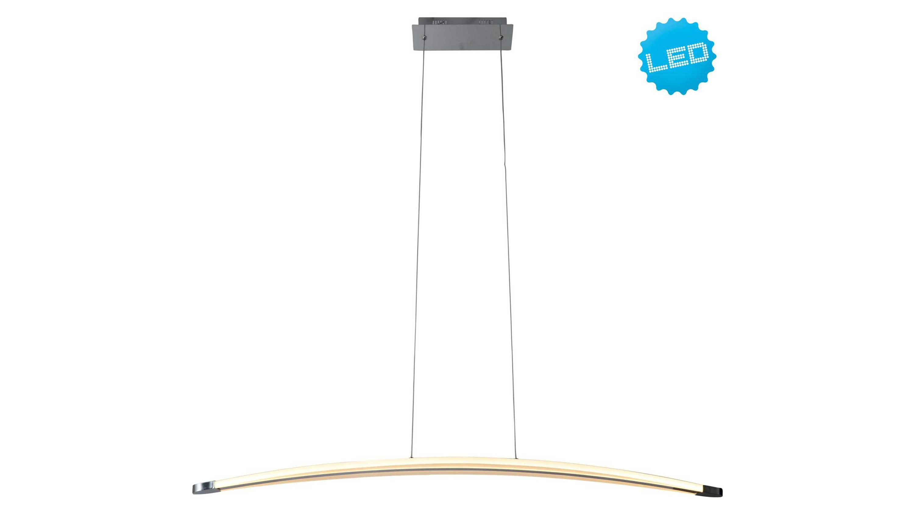 LED-Hängelampe mit gebogenem Leuchtstab in Chrom und Acryl aufgehängt an zwei dünnen Kabeln