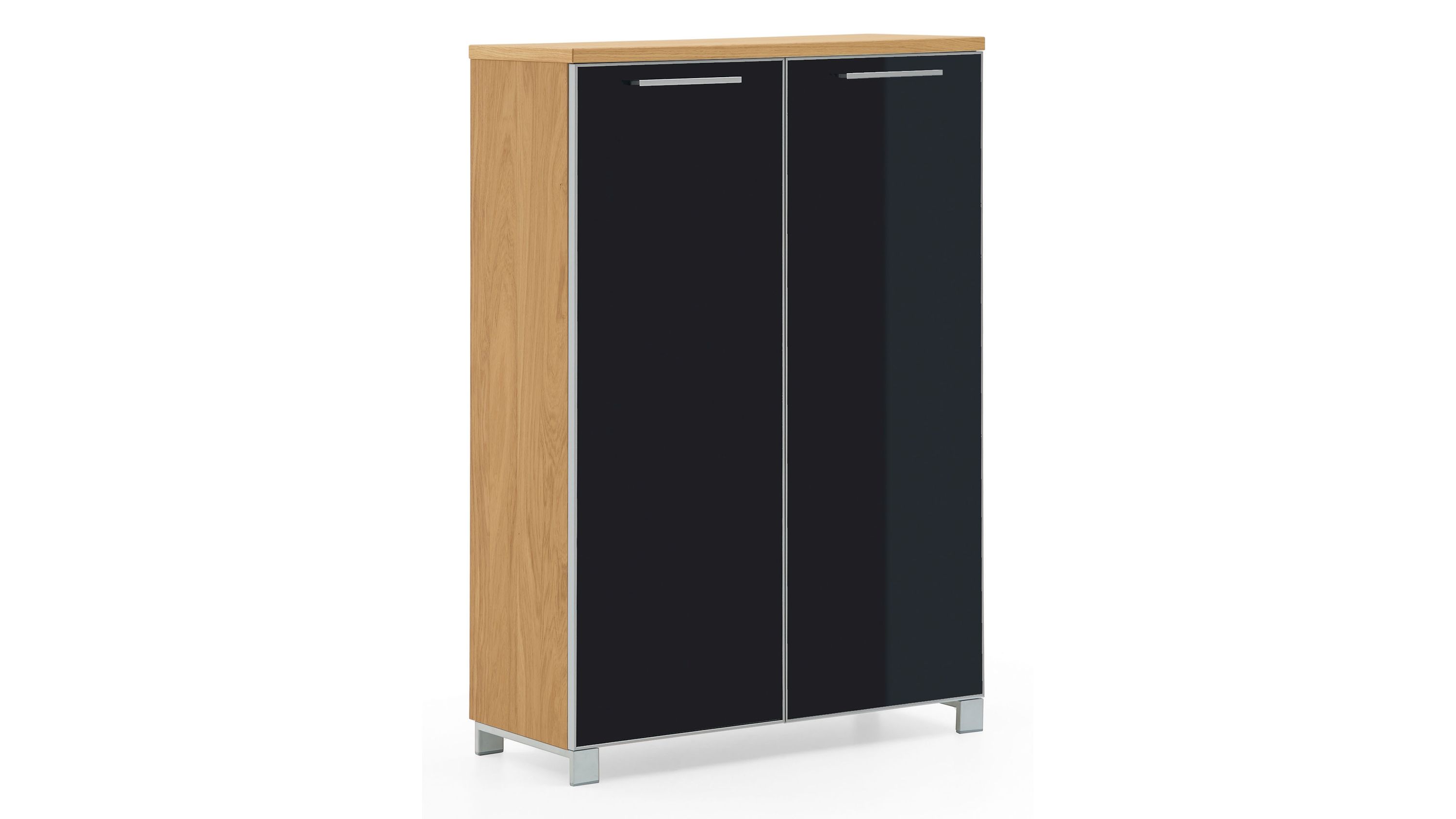 Schuhschrank mit zwei anthrazitfarbenen Glastüren und seitlichen Holzflächen in heller Farbe