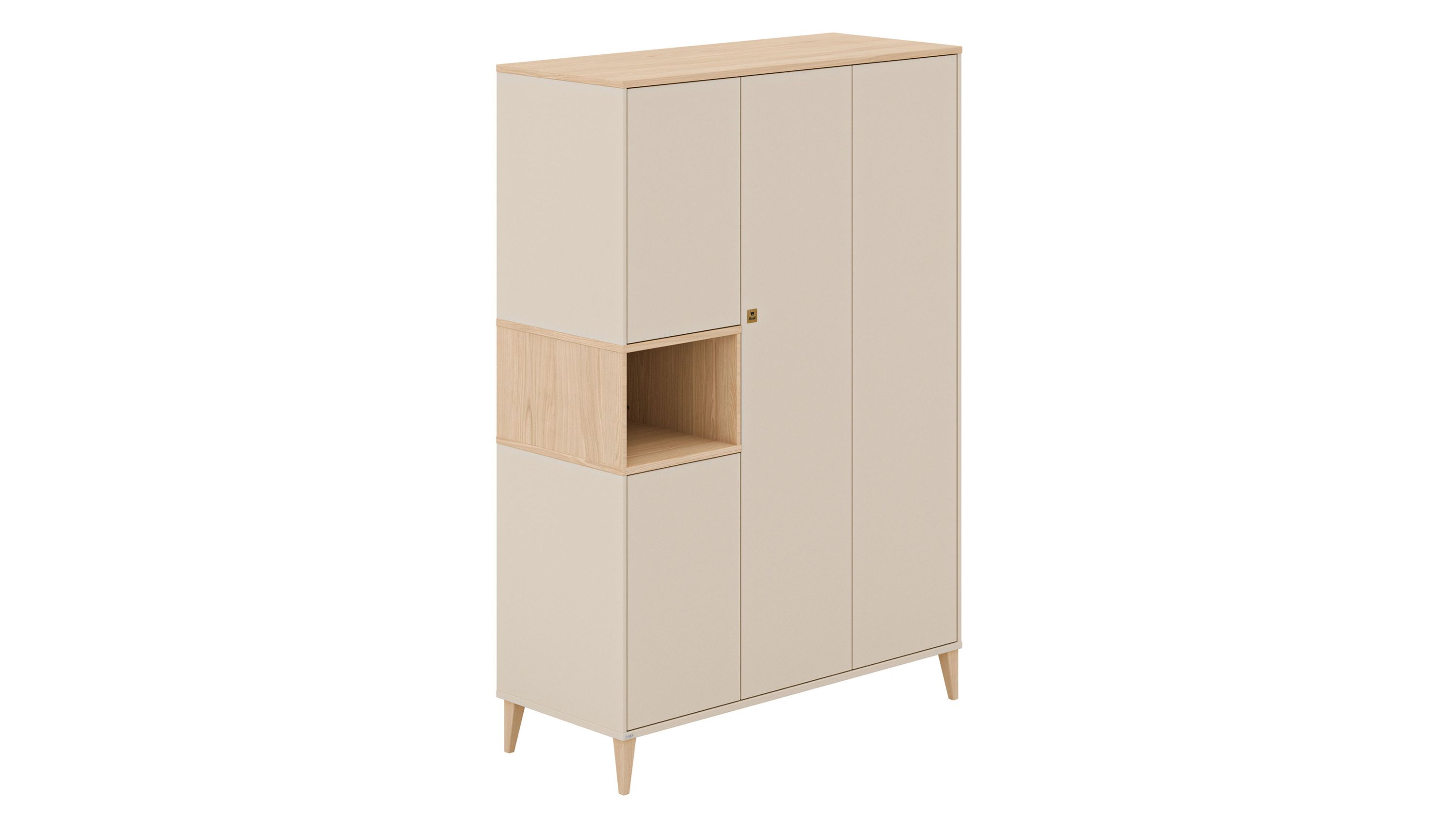 Vier­türiger Kleiderschrank in beige mit offenem Fach und hellen Holzbeinen