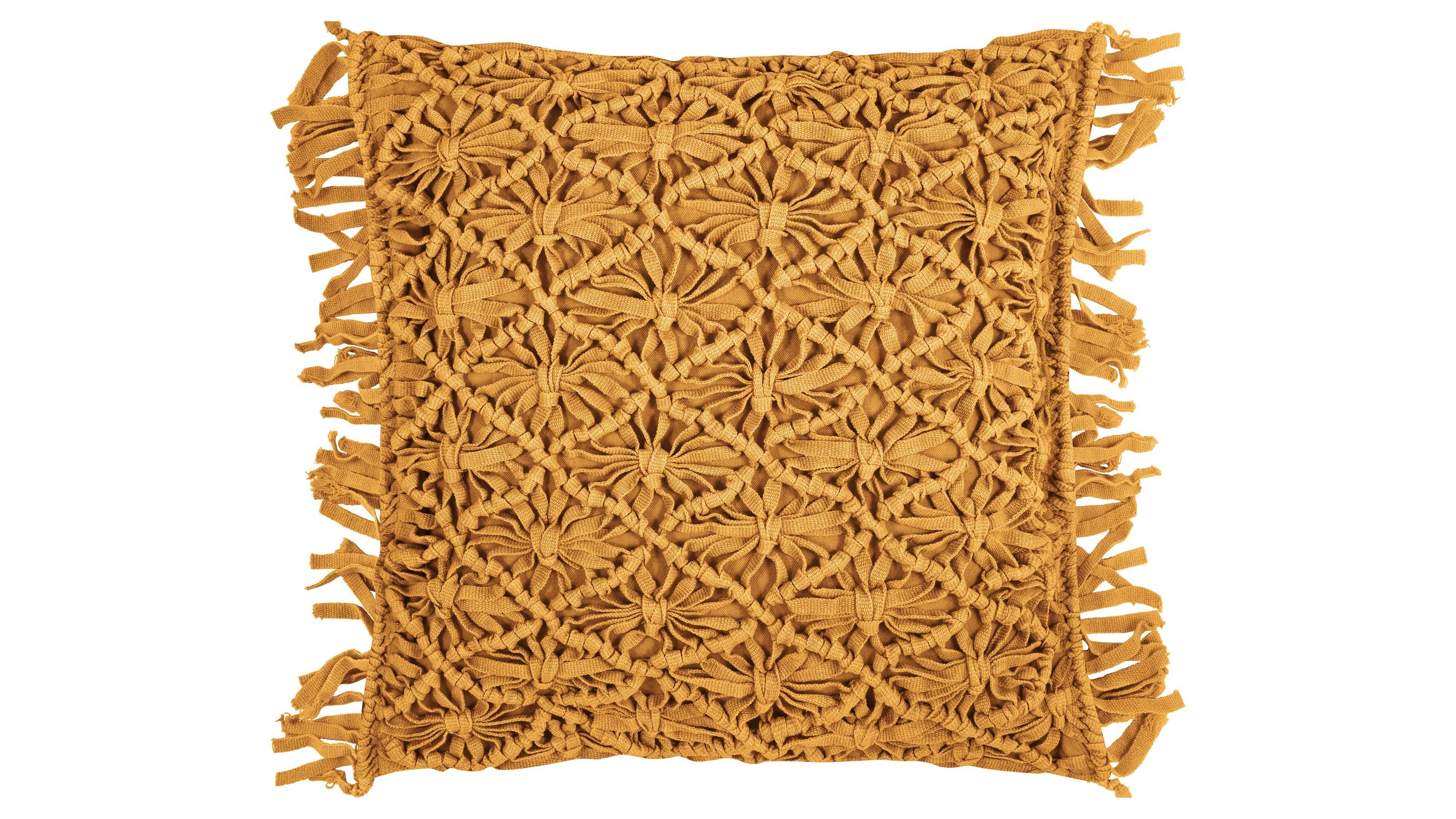 Kissenhülle mit Fransen in Senffarbe Quadratische Kissenhülle mit Fransen und gehäkeltem Muster in senffarben