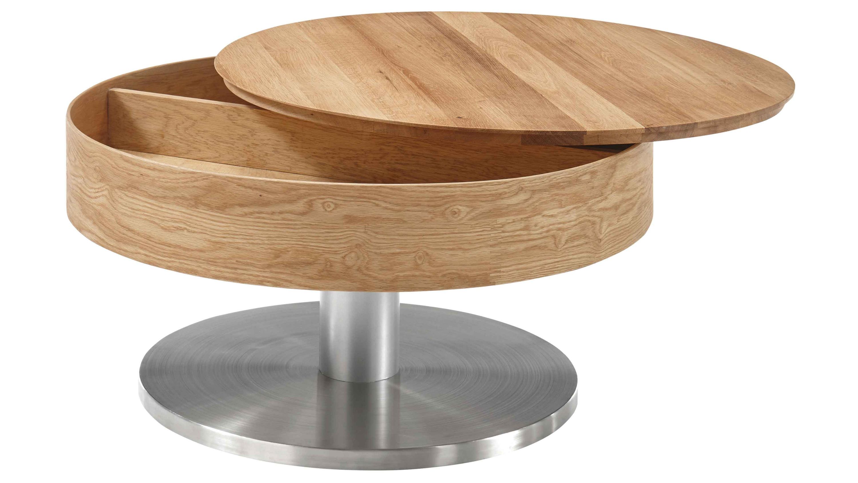 Runder Couchtisch mit drehbarer Holzplatte und Stauraum Holzoptik hell Metallfuß silberfarben
