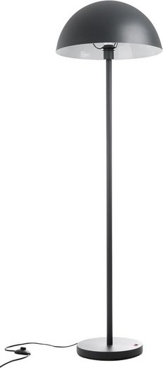 Seitlich fotografierte Stehlampe aus matt dunkelgrauem Aluminium mit halbkugelförmigem Schirm und schlankem Fuß
