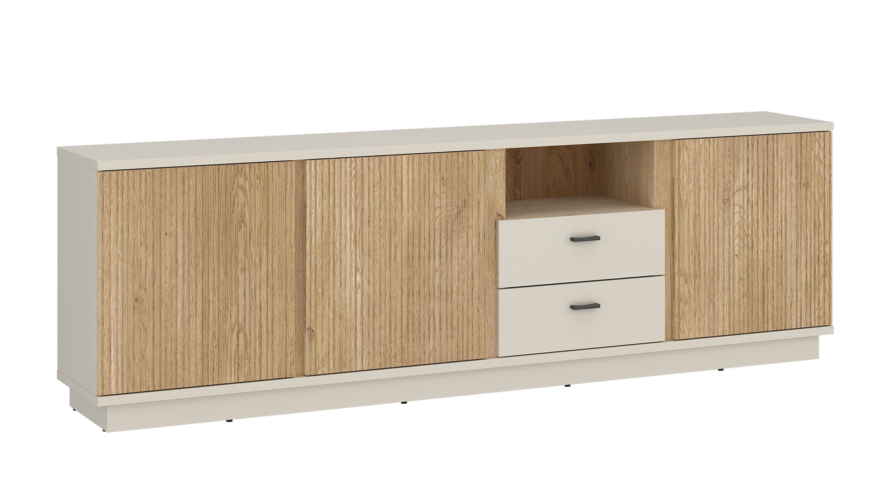 TV-Element mit Türen und Schubladen in Holz- und Cremetönen Rechteckiges TV-Element mit vier Türen in Holzoptik und zwei hellen Schubladen in der Mitte