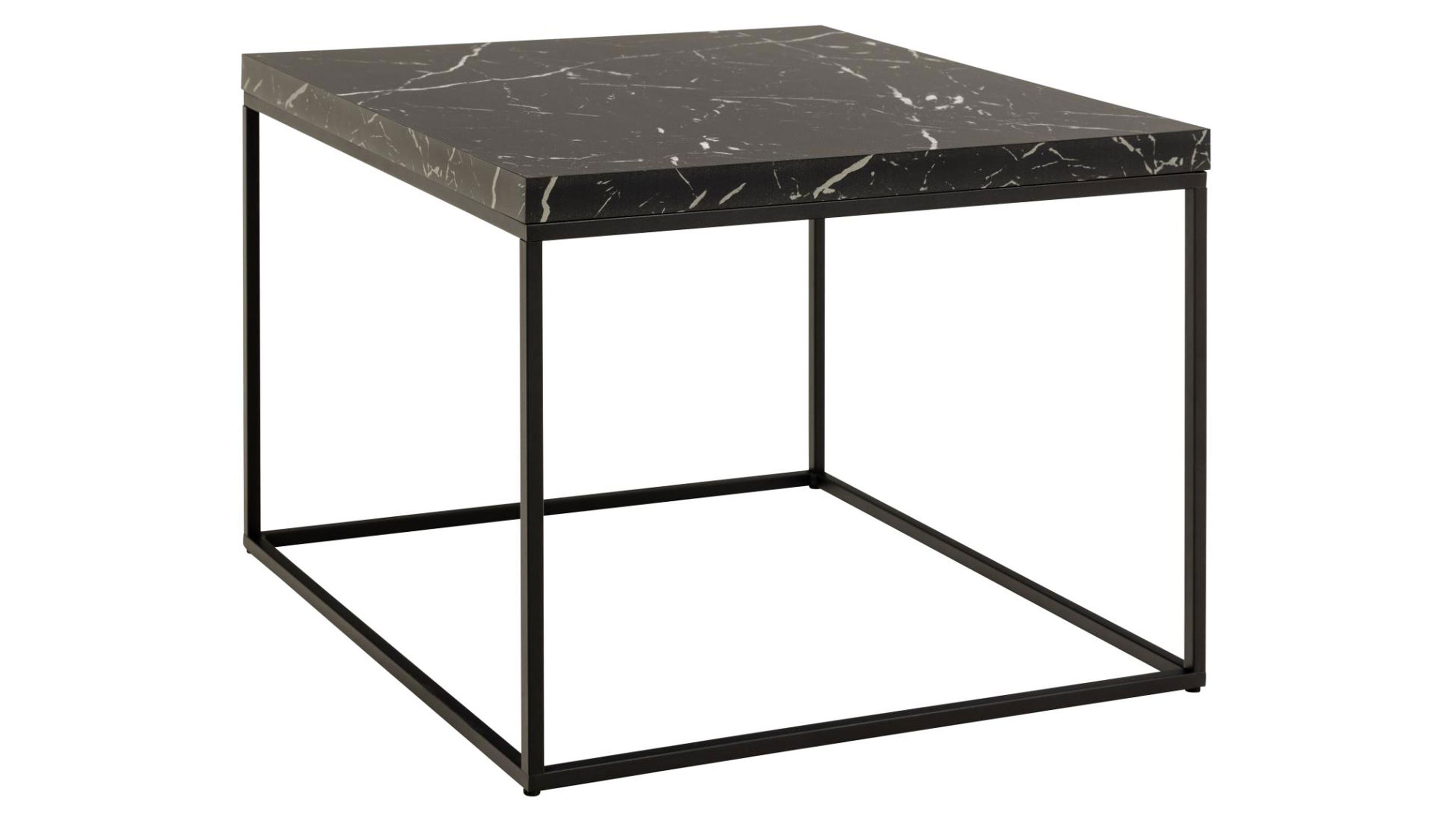 Quadratischer Couchtisch mit schwarzer Tischplatte und schwarzem Metallgestell