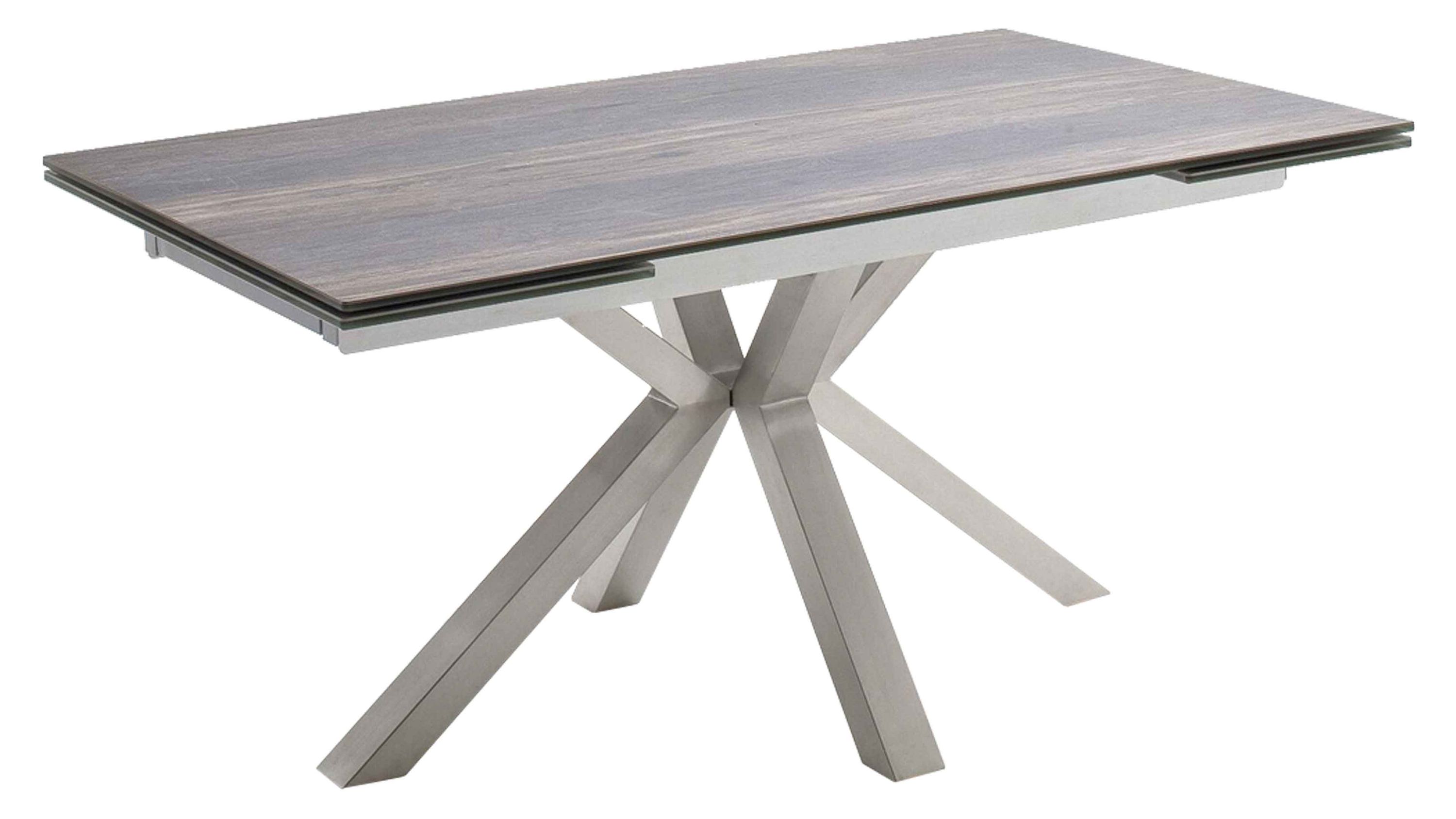 Auszugtisch mit Holzplatte und Metallgestell Auszugtisch mit rechteckiger Holzplatte und vierkantigen Metallbeinen in Kreuzform