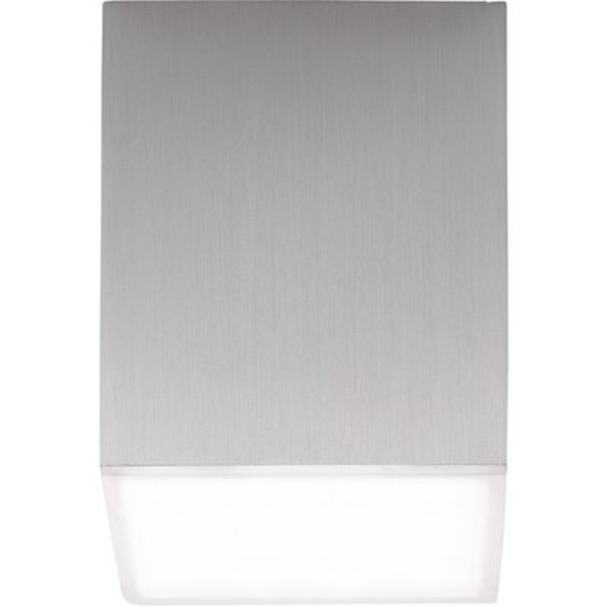 Deckenleuchte Kompakte Deckenlampe in Silber Kompakte Deckenleuchte mit silbernem Gehäuse, frontal und leicht von unten fotografiert