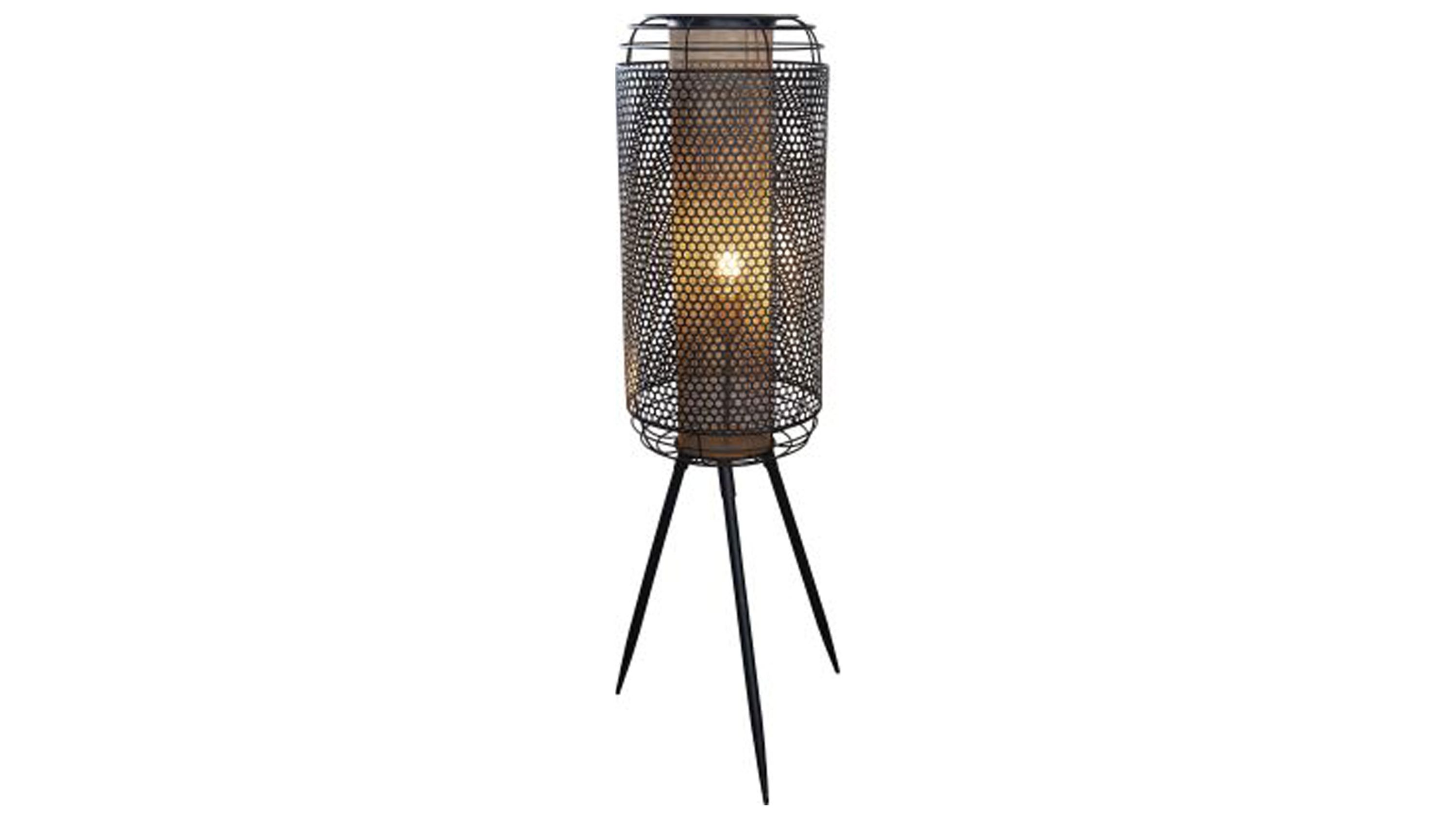 Stehlampe mit Metallgitter und dreibeinigem Ständer Stehlampe mit dreibeinigem Ständer und zylindrischem Lampenschirm aus schwarzem Metallgitter